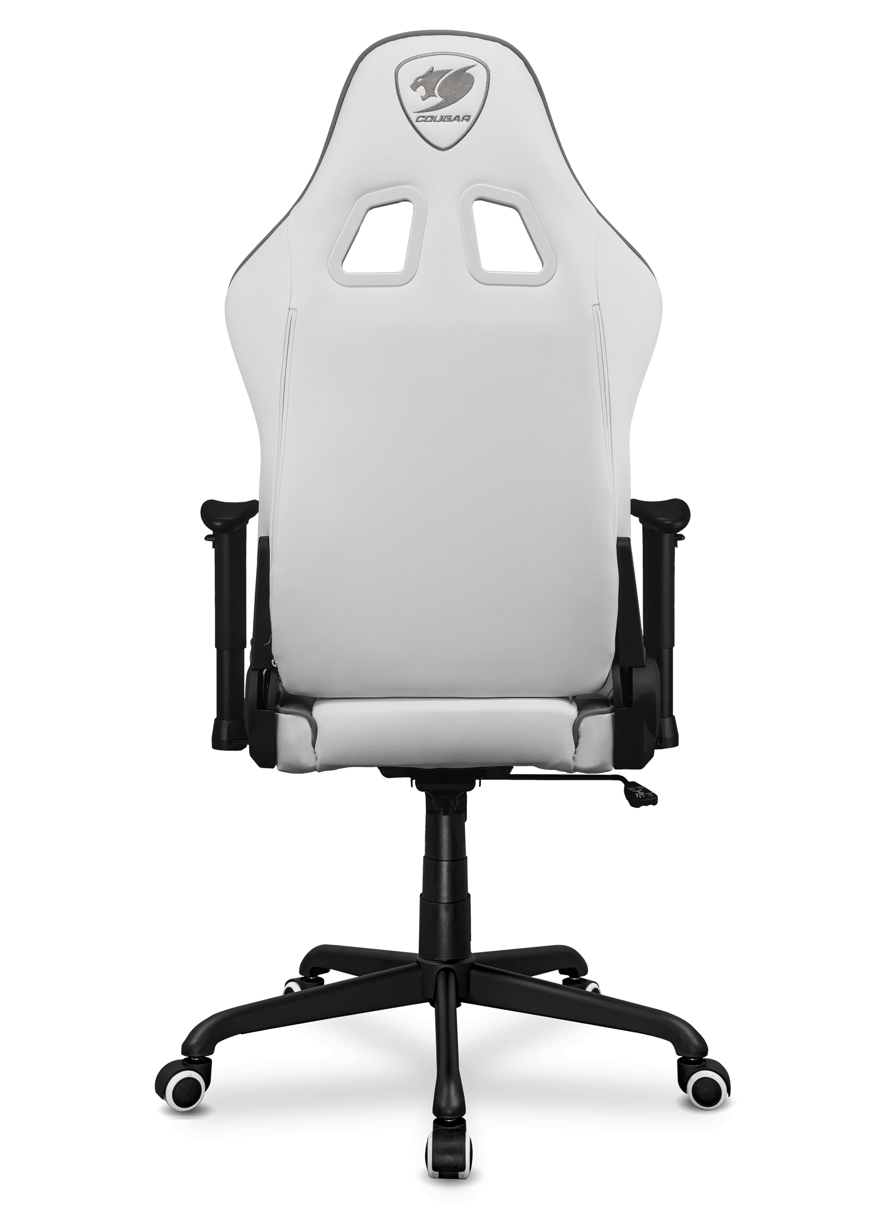 Sedia da gaming bianca su sfondo nero. Schienale alto con logo Cougar, braccioli e base a cinque stelle.