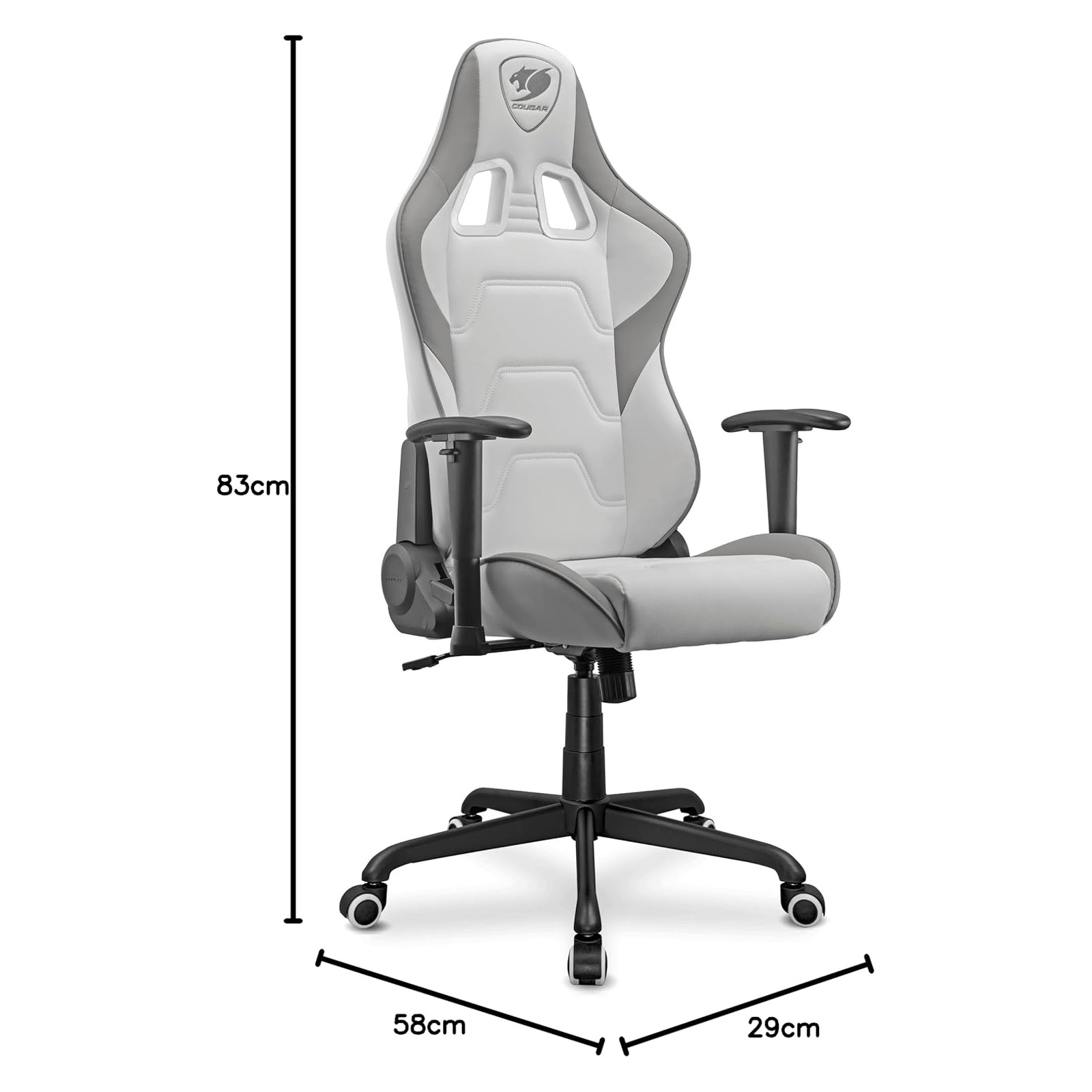 Una sedia da gaming bianca e grigia con braccioli, base nera e logo Cougar. Le dimensioni sono indicate.