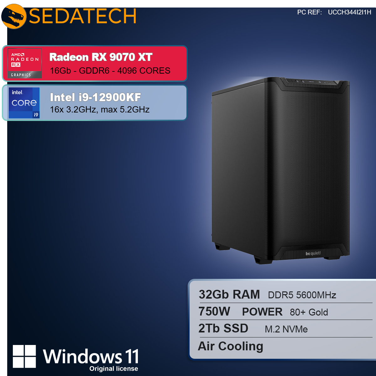 Ein Computergehäuse mit Komponentendetails. Radeon RX 9070 XT, Intel i9-12900KF, 32 GB RAM, 2 TB SSD, Luftkühlung, Windows 11.