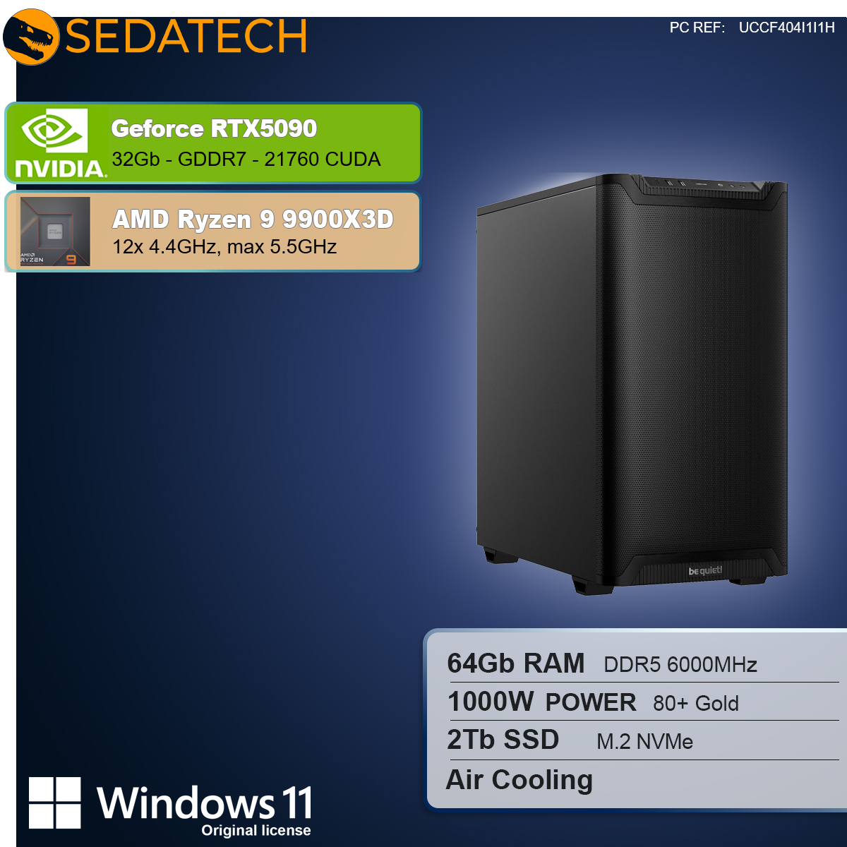 Czarna obudowa komputera ze specyfikacją: RTX5090, Ryzen 9, 64GB RAM, 1000W, 2TB SSD i Windows 11. Tło to gradient.