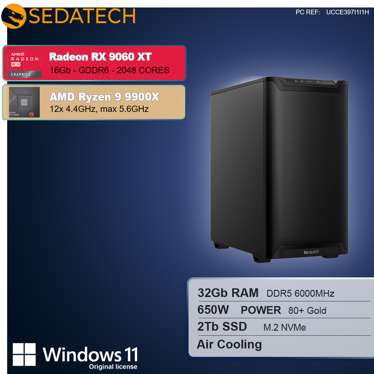 Un case per computer su sfondo sfumato blu. Specifiche: Radeon RX 9060 XT, AMD Ryzen 9 9900X, 32GB RAM e Windows 11.