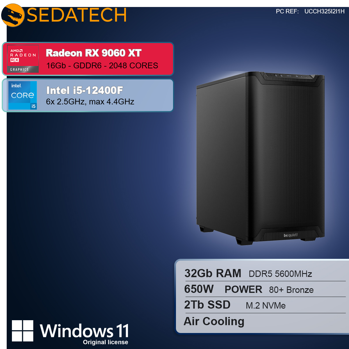 Un case per computer nero con specifiche per Radeon RX 9060 XT, Intel i5-12400F, 32 GB RAM, 2 TB SSD e Windows 11.