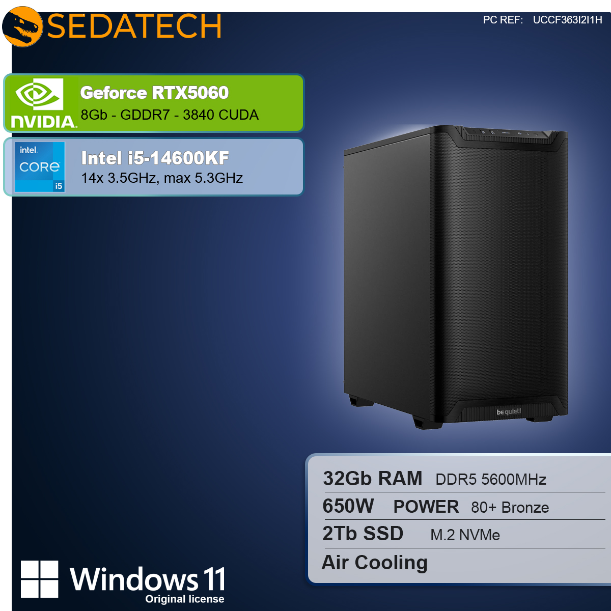 Un case per computer su sfondo blu. Le specifiche includono RTX5060, Intel i5, 32GB RAM, 2TB SSD e Windows 11.