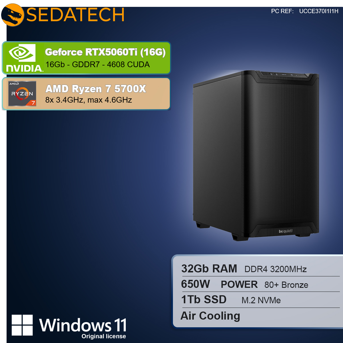 Un case per computer con dettagli NVIDIA e AMD. Le specifiche includono RTX5060Ti, Ryzen 7 5700X, 32GB RAM, alimentazione 650W, SSD 1TB e raffreddamento ad aria.