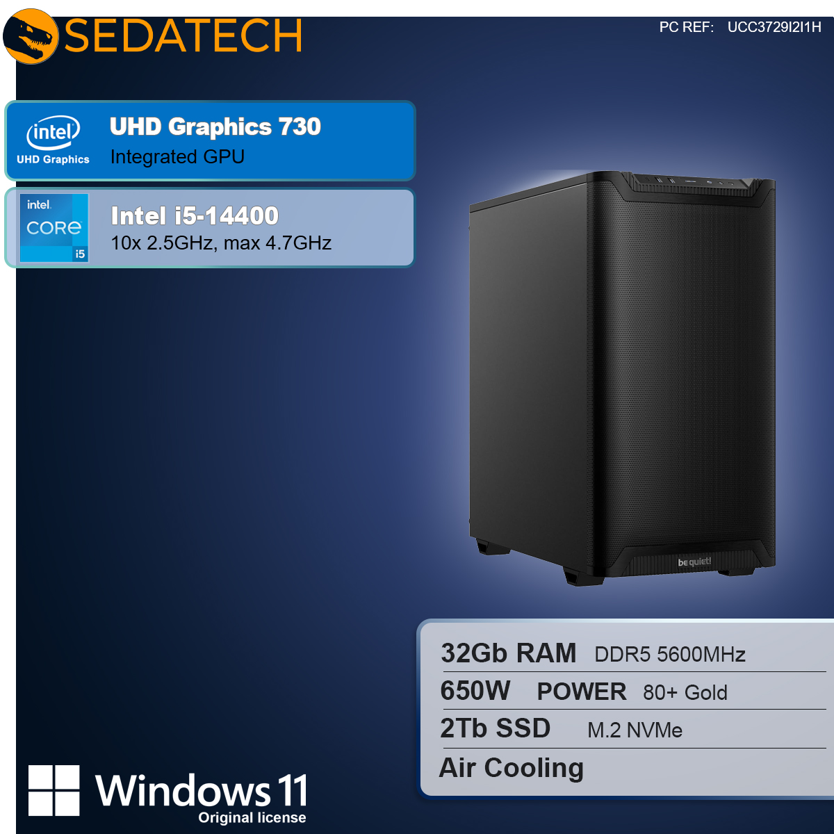 Schwarzer Computer-Tower mit Spezifikationen: Intel i5, 32 GB RAM, 2 TB SSD und Windows 11. Die Marke ist Sedatech.