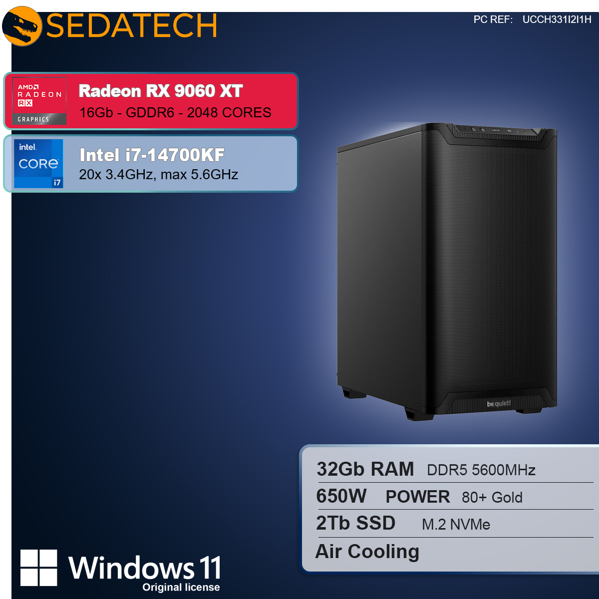 Un case per computer con Radeon RX 9060 XT, Intel i7-14700KF, 32 GB RAM, 2 TB SSD e Windows 11. Logo Be quiet! visibile.