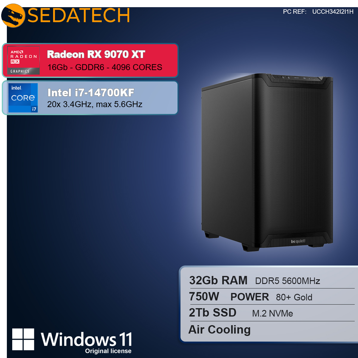 Ein Computergehäuse mit Radeon RX 9070 XT Grafikkarte, Intel i7-14700KF Prozessor, 32GB RAM, 2TB SSD und Windows 11.