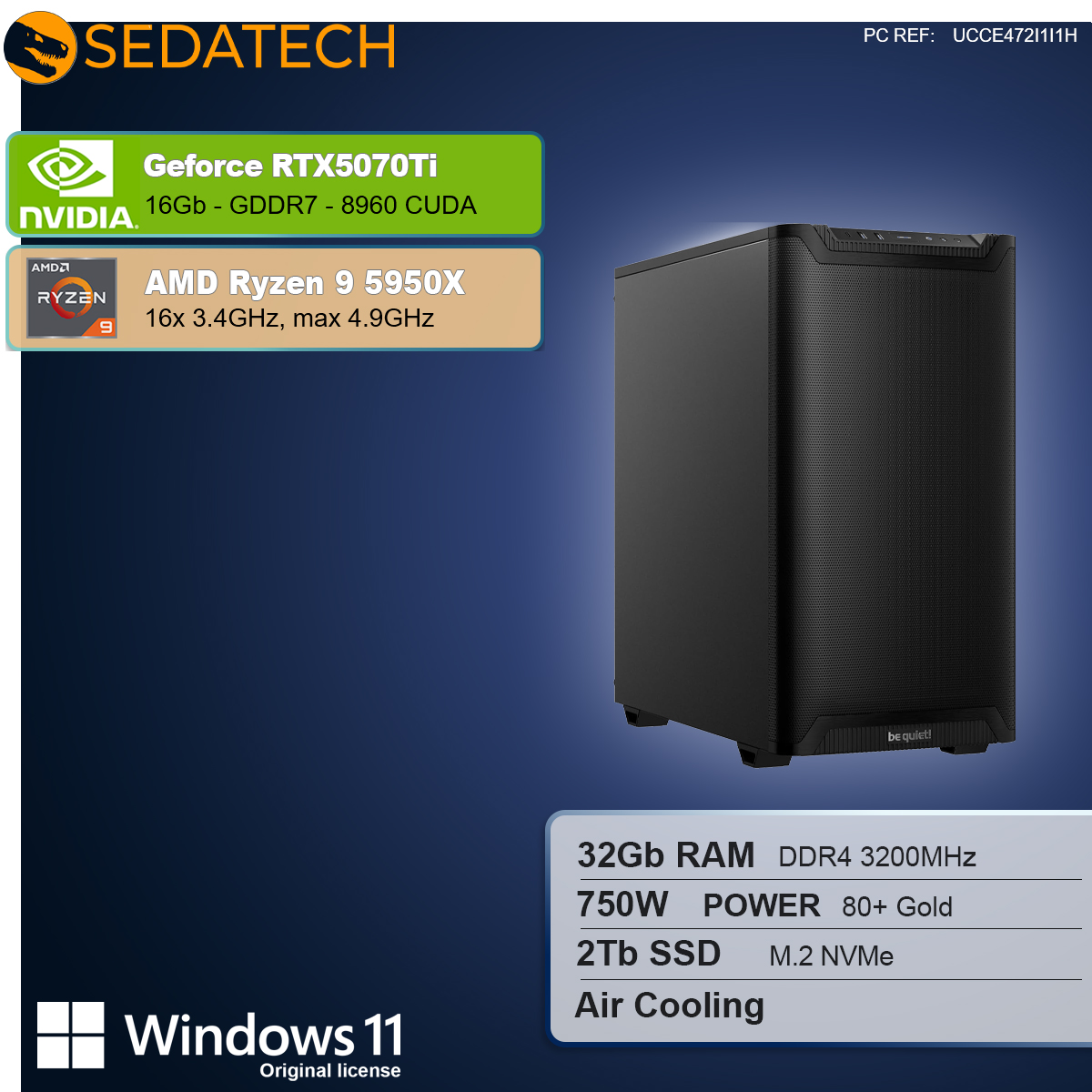 Czarna obudowa komputera ze specyfikacją: RTX5070Ti, Ryzen 9, 32GB RAM, 2TB SSD i Windows 11. Marka to Sedatech.