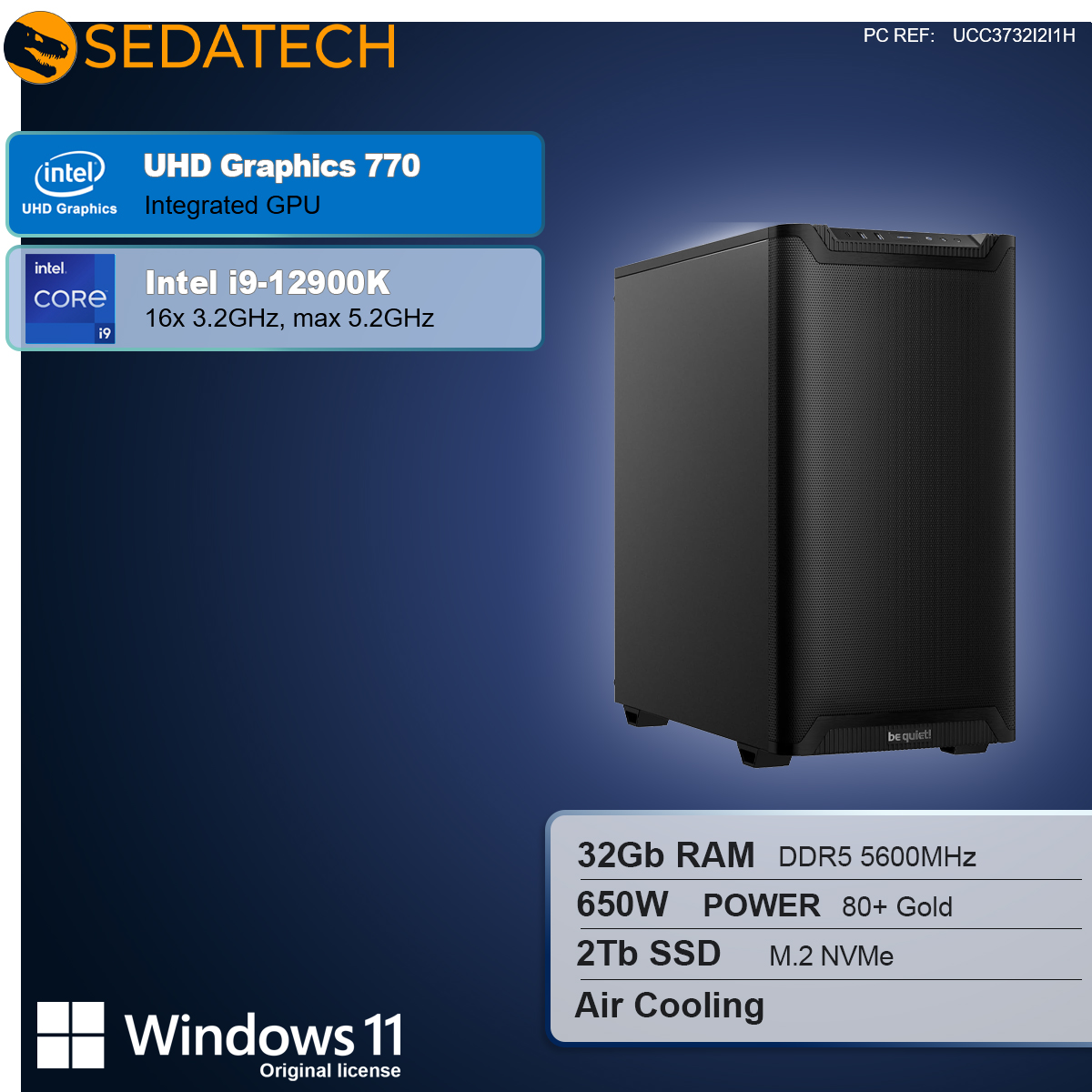 Ein Computergehäuse mit Intel i9-12900K Prozessor und UHD Graphics 770. Spezifikationen: 32 GB RAM, 2 TB SSD und Luftkühlung.