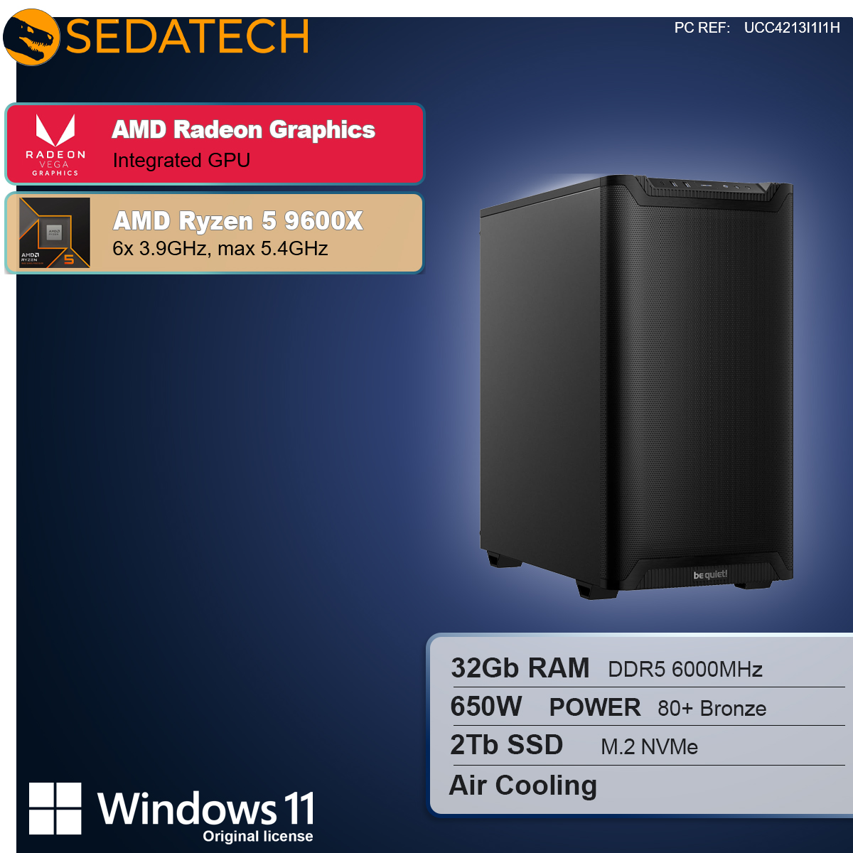 Schwarzes Computergehäuse mit AMD Radeon Grafik und Ryzen 5 9600X Details. Enthält Windows 11 und Hardware-Spezifikationen.
