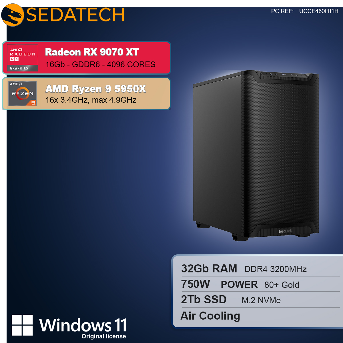 Czarna obudowa komputera po prawej, ze szczegółami: Radeon RX 9070 XT, Ryzen 9 5950X, 32 GB RAM, zasilacz 750W, dysk SSD 2 TB i Windows 11.