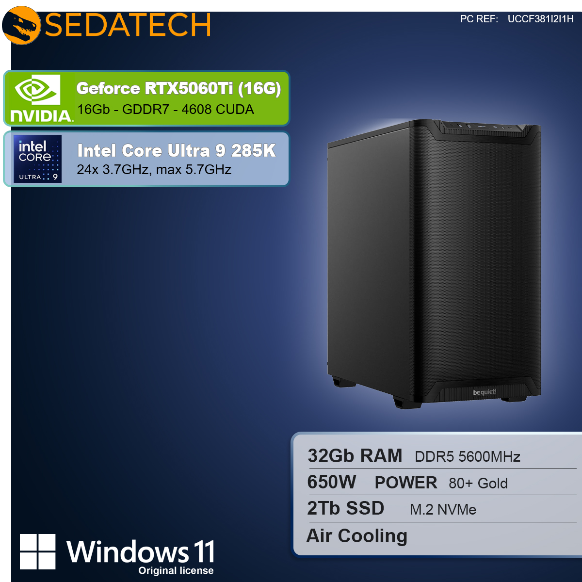 Un case per computer con dettagli dei componenti come NVIDIA GeForce, Intel Core e logo Windows 11. RAM, SSD e alimentazione.