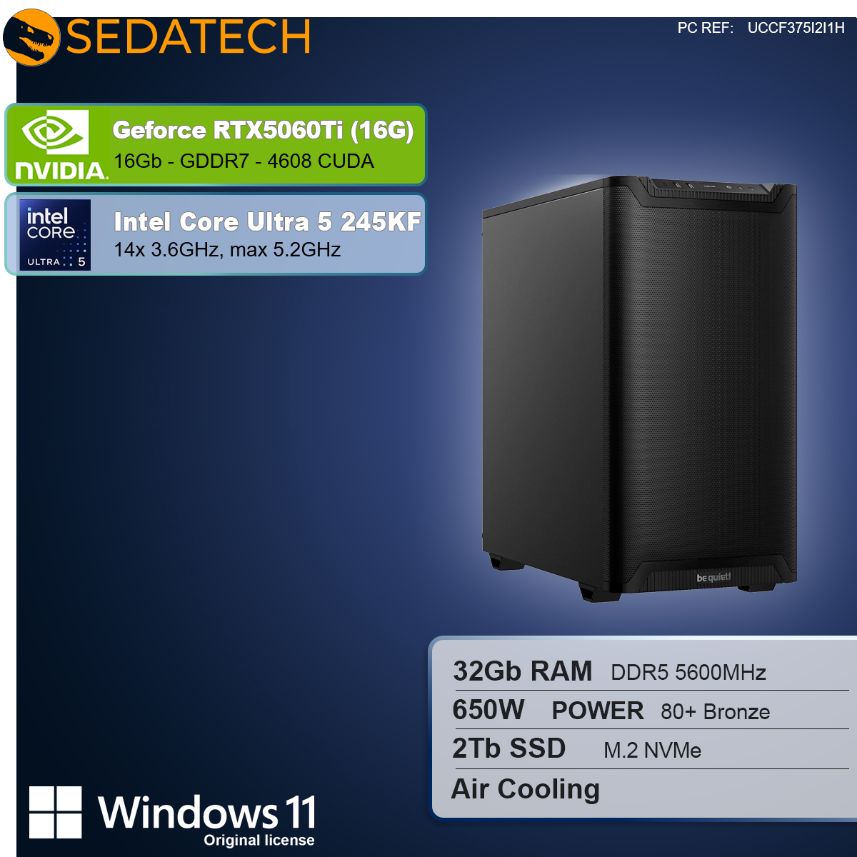 Ein schwarzer Computerturm mit technischen Daten, darunter eine GeForce RTX5060Ti Grafikkarte und ein Intel Core Ultra 5 Prozessor.