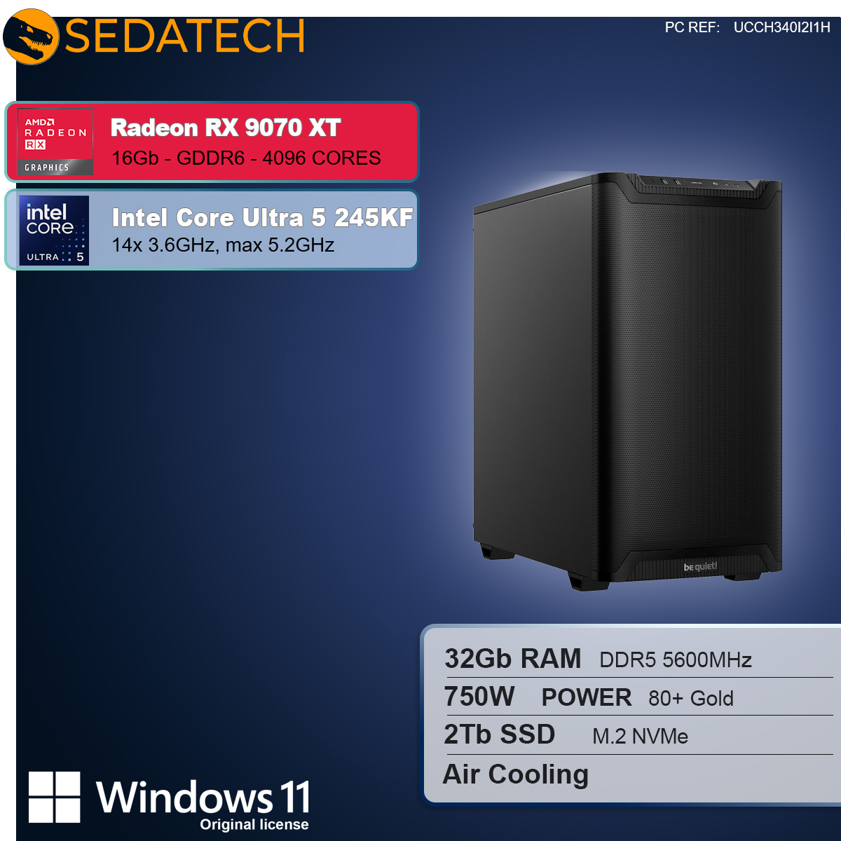 Ein Computergehäuse mit Komponenten: Radeon RX 9070 XT, Intel Core Ultra 5 245KF, 32GB RAM, 2TB SSD und Windows 11.