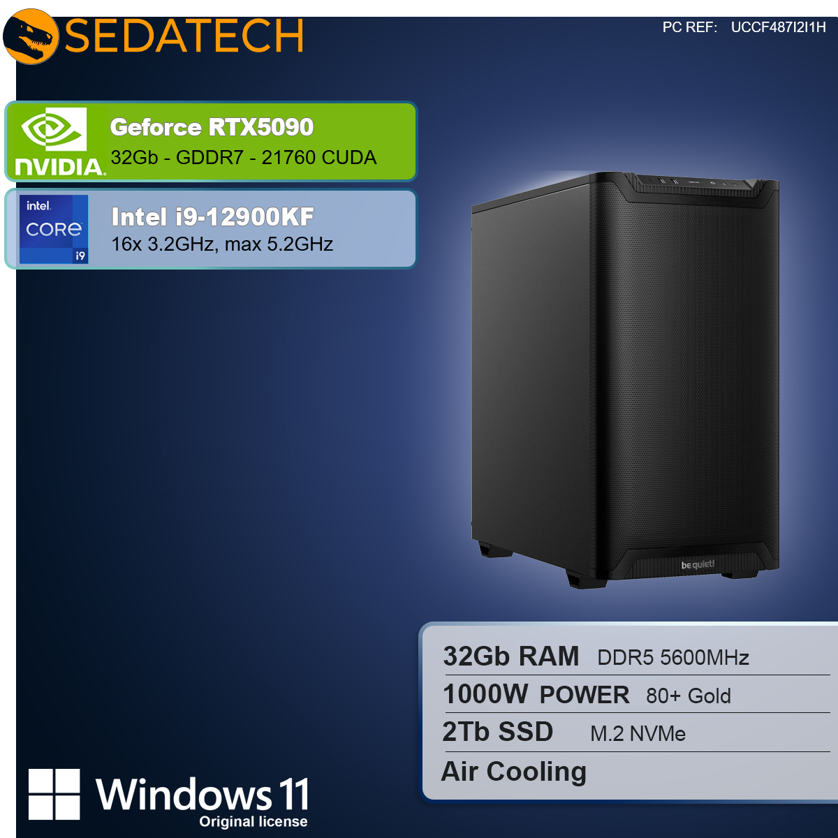Un case PC nero con NVIDIA GeForce RTX5090, Intel i9-12900KF e Windows 11. Specifiche: 32 GB di RAM, alimentazione da 1000 W e SSD da 2 TB.