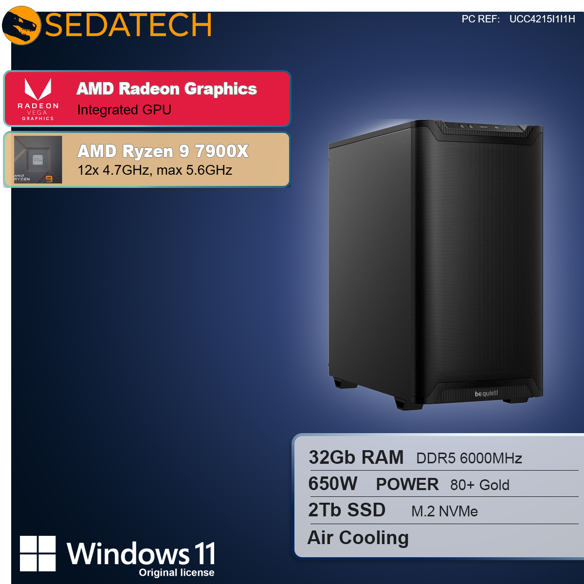 Ein Computerturm mit AMD Radeon Graphics und Ryzen 9 7900X. Merkmale sind 32GB RAM, 2TB SSD und Windows 11.