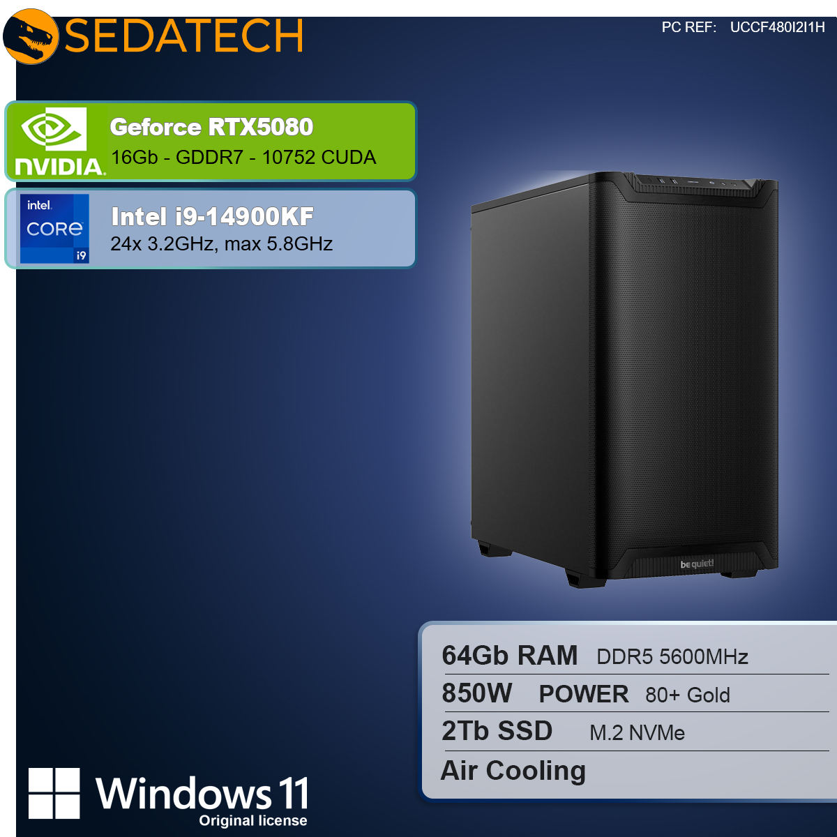 Un case per computer nero con specifiche: RTX5080, Intel i9, 64 GB RAM, 2 TB SSD e Windows 11. I marchi sono visibili.