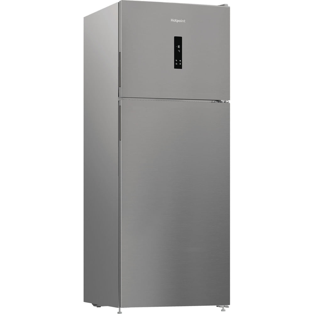 Un frigorifero Hotpoint argentato. Ha un congelatore superiore e una sezione frigorifero inferiore. Il logo Hotpoint è in alto.