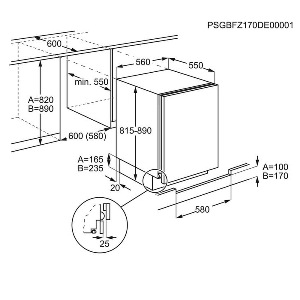 Schema di un elettrodomestico da incasso con dimensioni in millimetri, forma rettangolare e primo piano dettagliato.