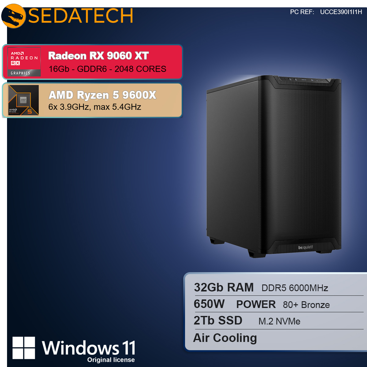 Case per computer nero con specifiche: Radeon RX 9060 XT, Ryzen 5 9600X, 32GB RAM, 2TB SSD e Windows 11.