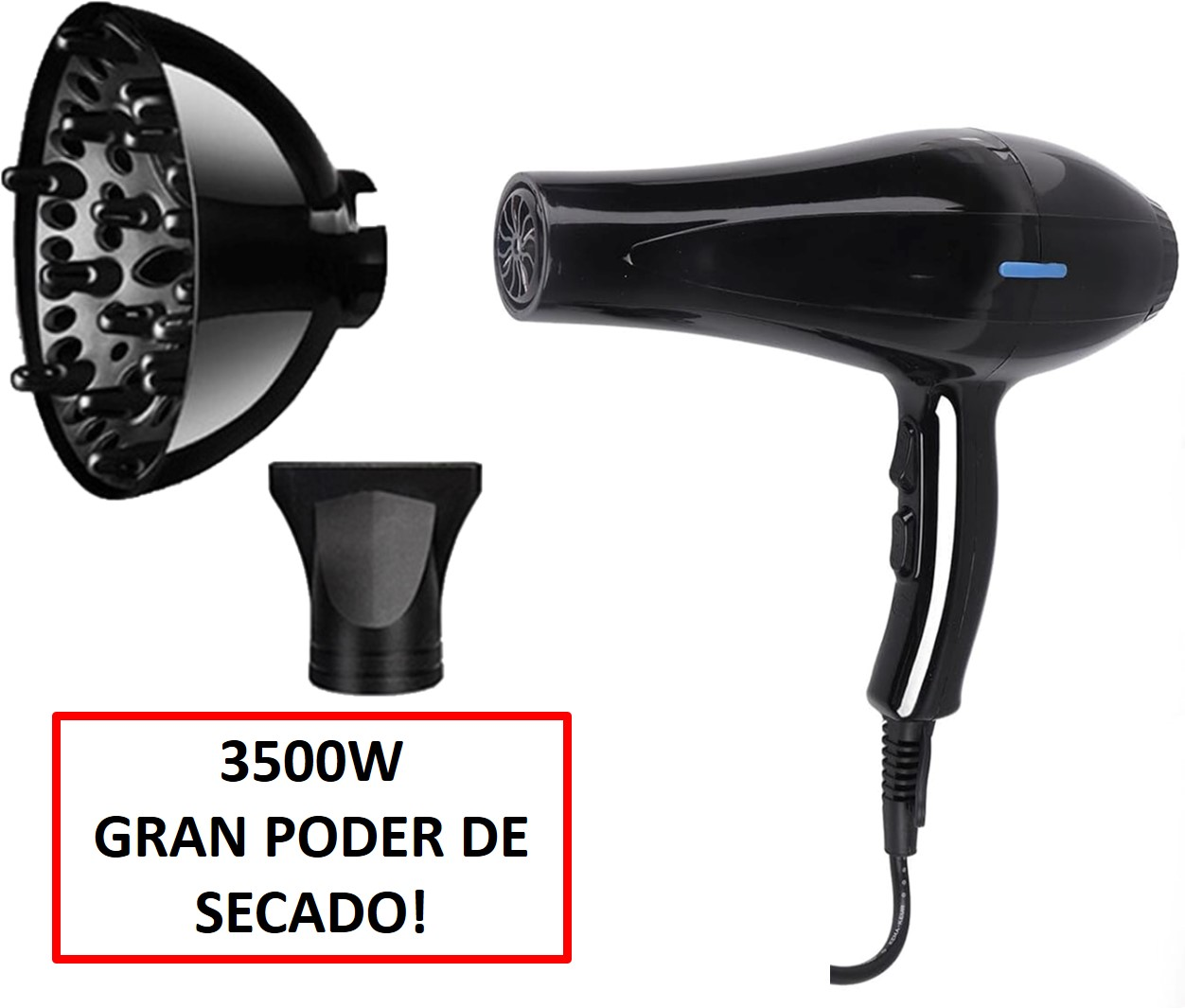 Un secador de pelo negro con accesorios sobre un fondo blanco. Texto en recuadro rojo: 3500W, GRAN PODER DE SECADO! (¡Gran poder de secado!)