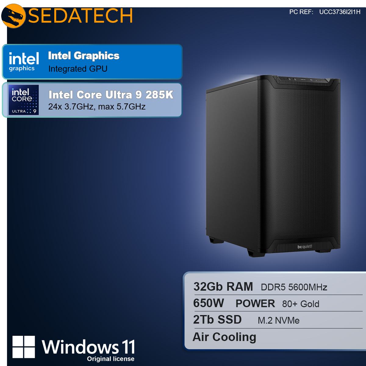 Schwarzes Computergehäuse mit Intel-Grafik und Windows 11-Logo. Spezifikationen: 32 GB RAM, 650 W Leistung, 2 TB SSD und Luftkühlung.