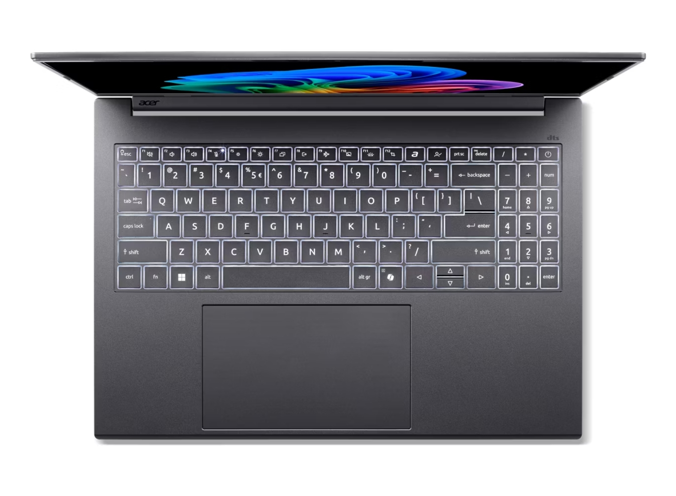Vista dall'alto di un laptop. Lo schermo è aperto, mostra un'immagine colorata. Tastiera con tasti illuminati è visibile.