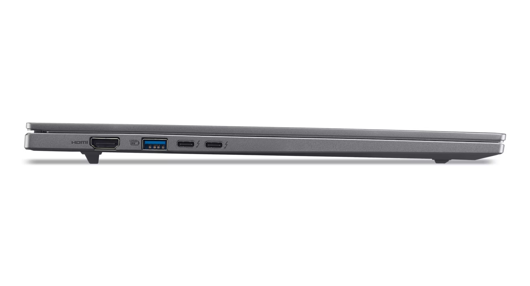 Vista laterale di un laptop grigio che mostra le porte: HDMI, USB e due Thunderbolt. Il laptop è su sfondo bianco.