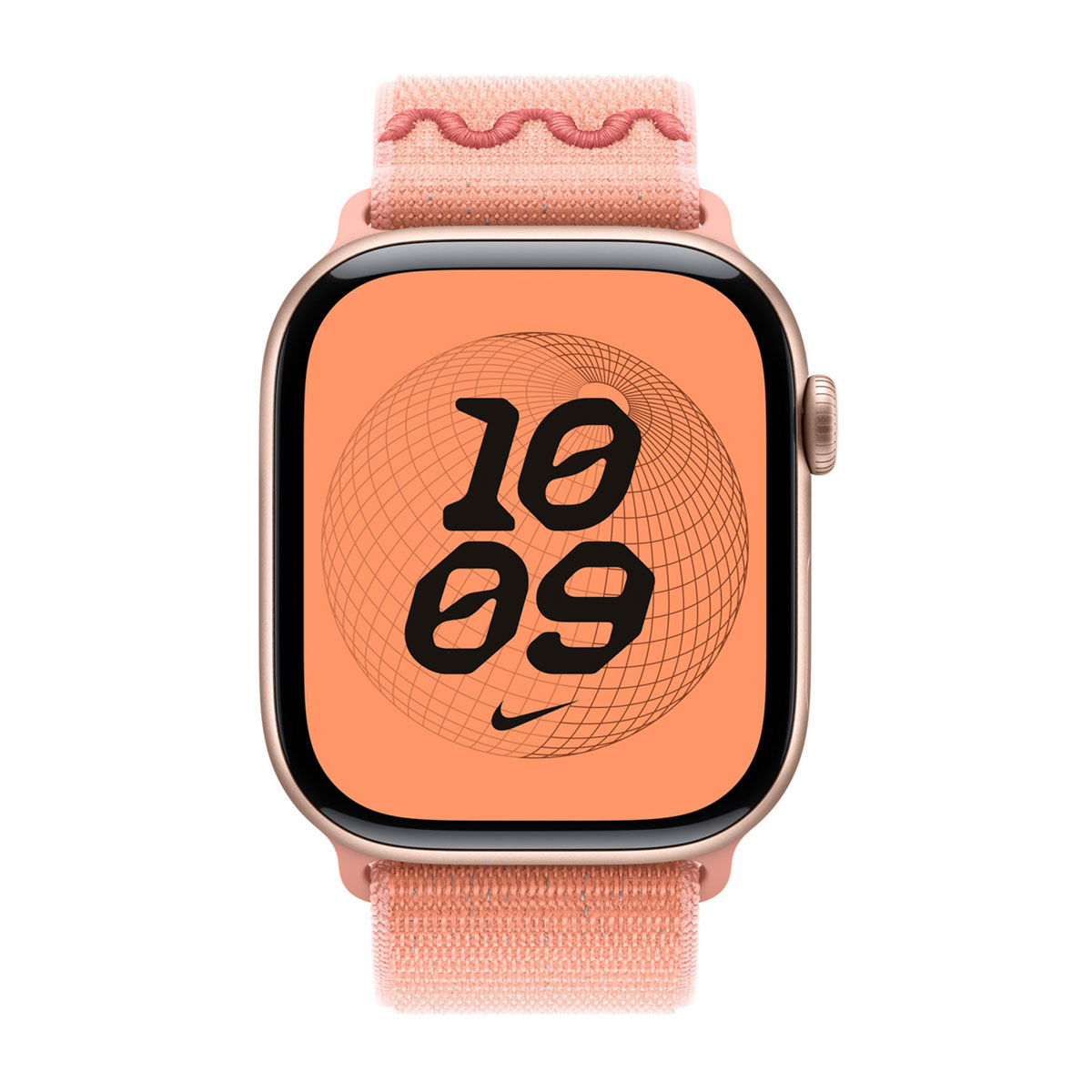 Apple Watch con cinturino color pesca. Lo schermo mostra l'ora 10:09, un logo Nike e un design a forma di globo.
