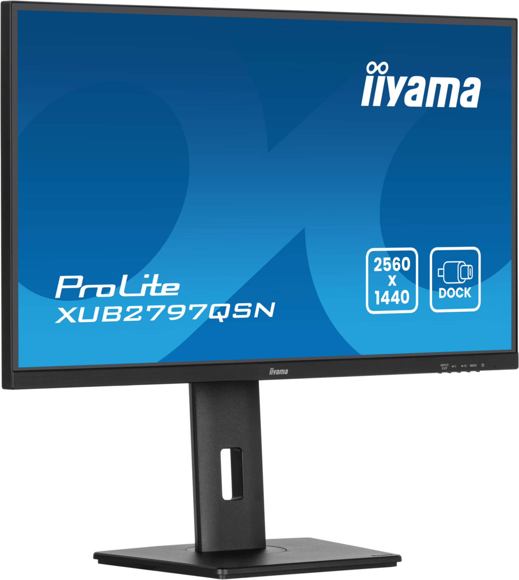 Een iiyama ProLite-monitor. Het heeft een zwart frame, een blauw scherm met logo's en details en een zwarte standaard.