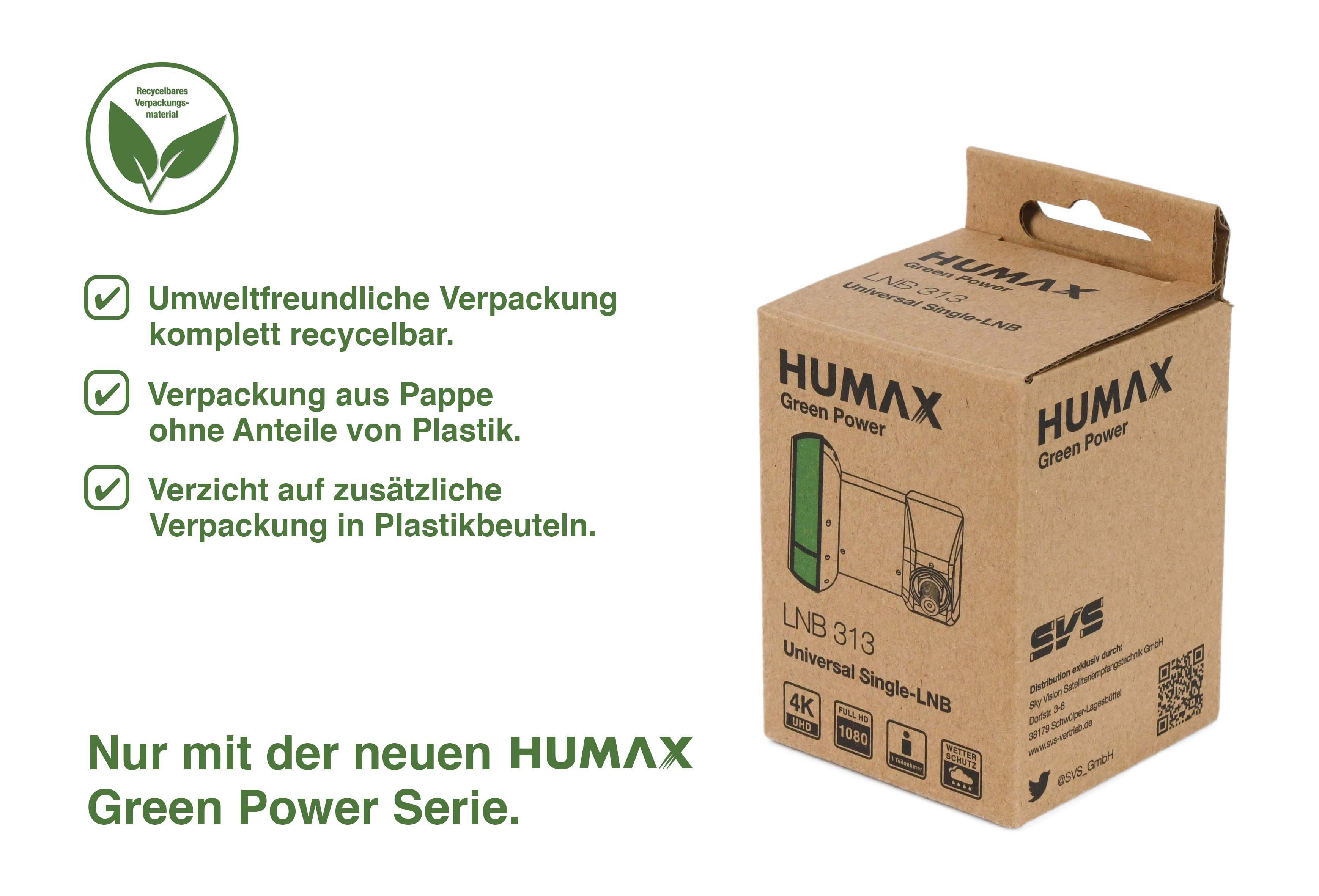 Eine Schachtel mit HUMAX-Logo und Text. Grünes Blätterlogo oben links. Text über umweltfreundliche Verpackung.