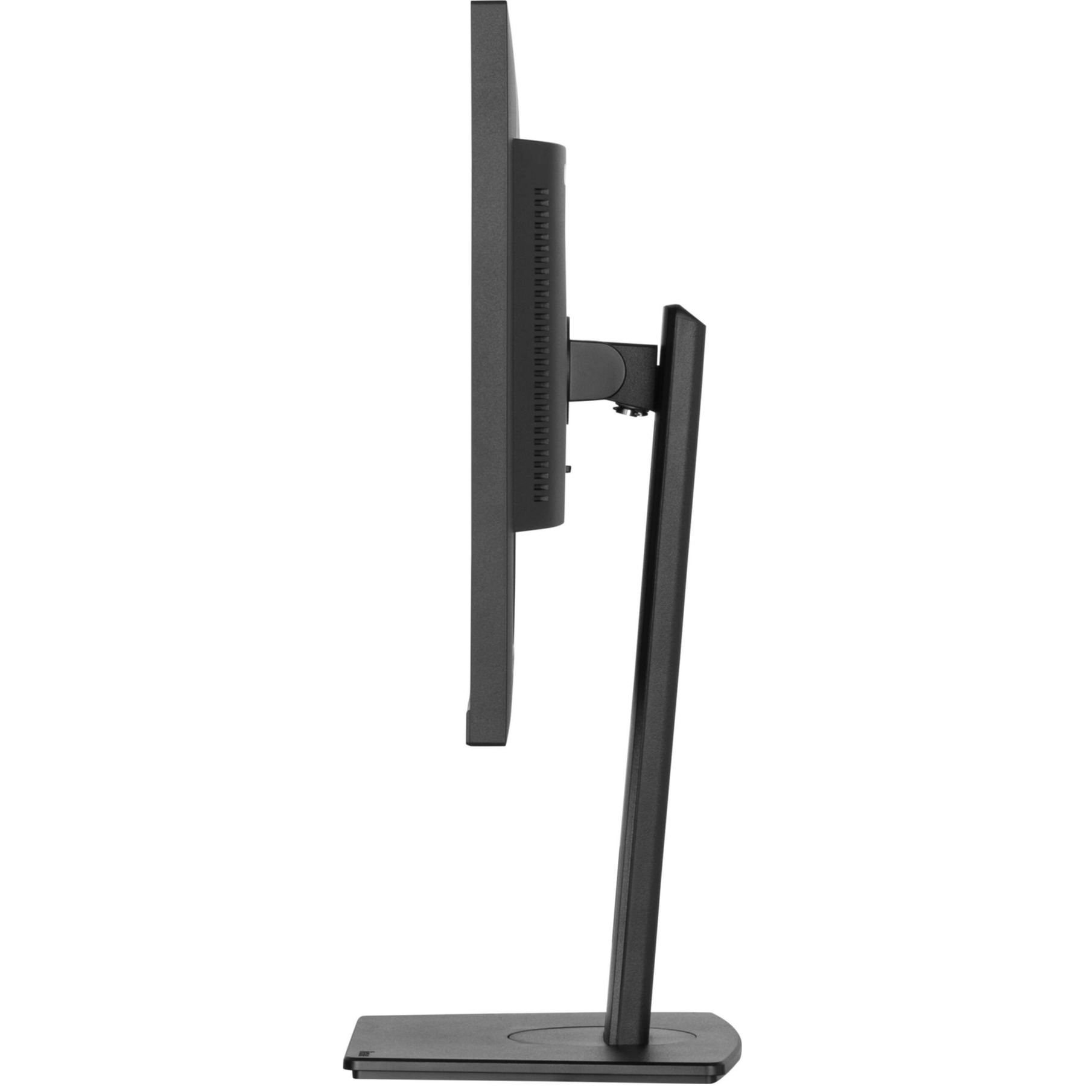 Zijaanzicht van een zwarte computermonitor. Het scherm is dun en rechthoekig, ondersteund door een standaard.