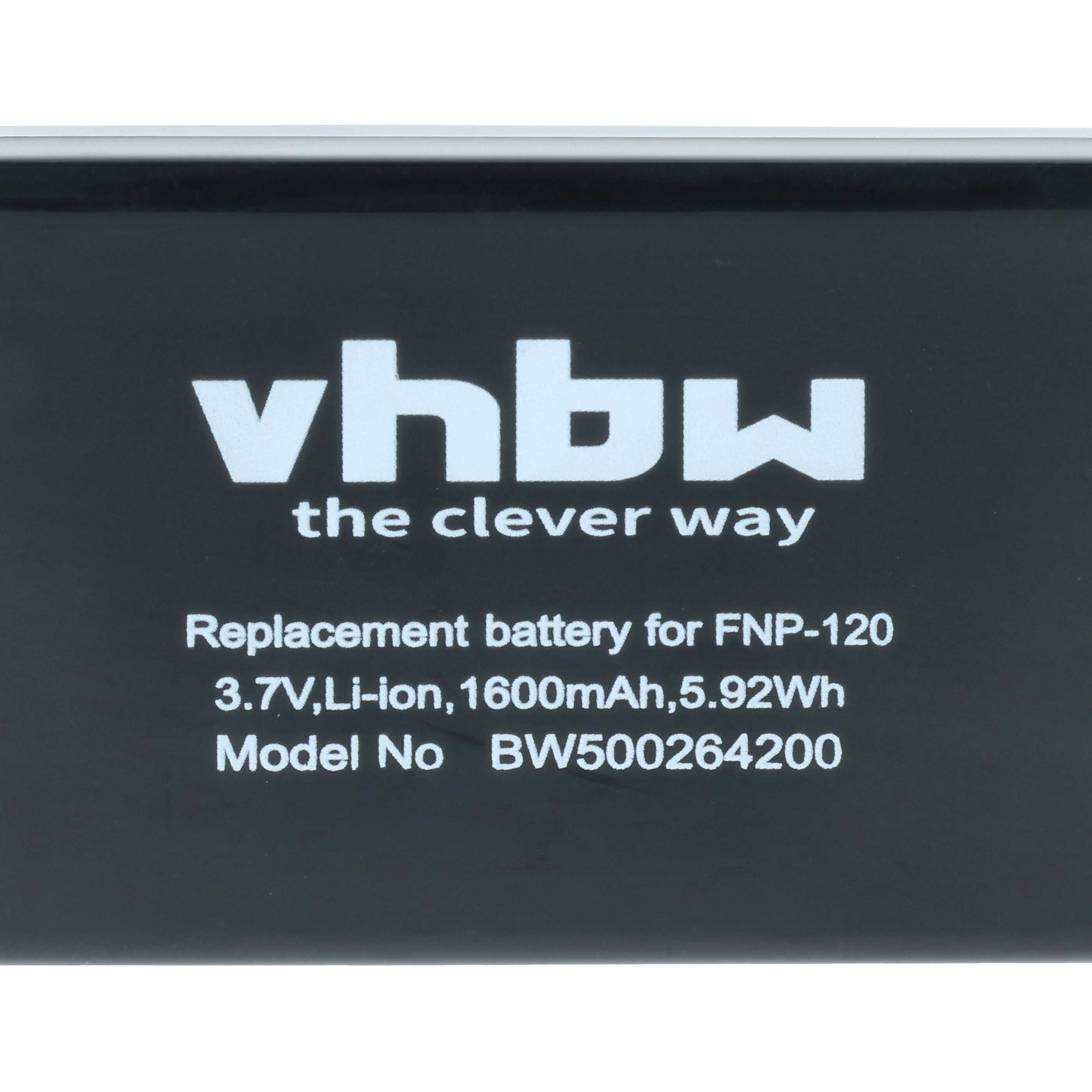 Schwarzer Akku mit weißem Text: vhbw, the clever way. Spezifikationen: 3,7 V, Li-Ion, 1600 mAh. Modell BW500264200.
