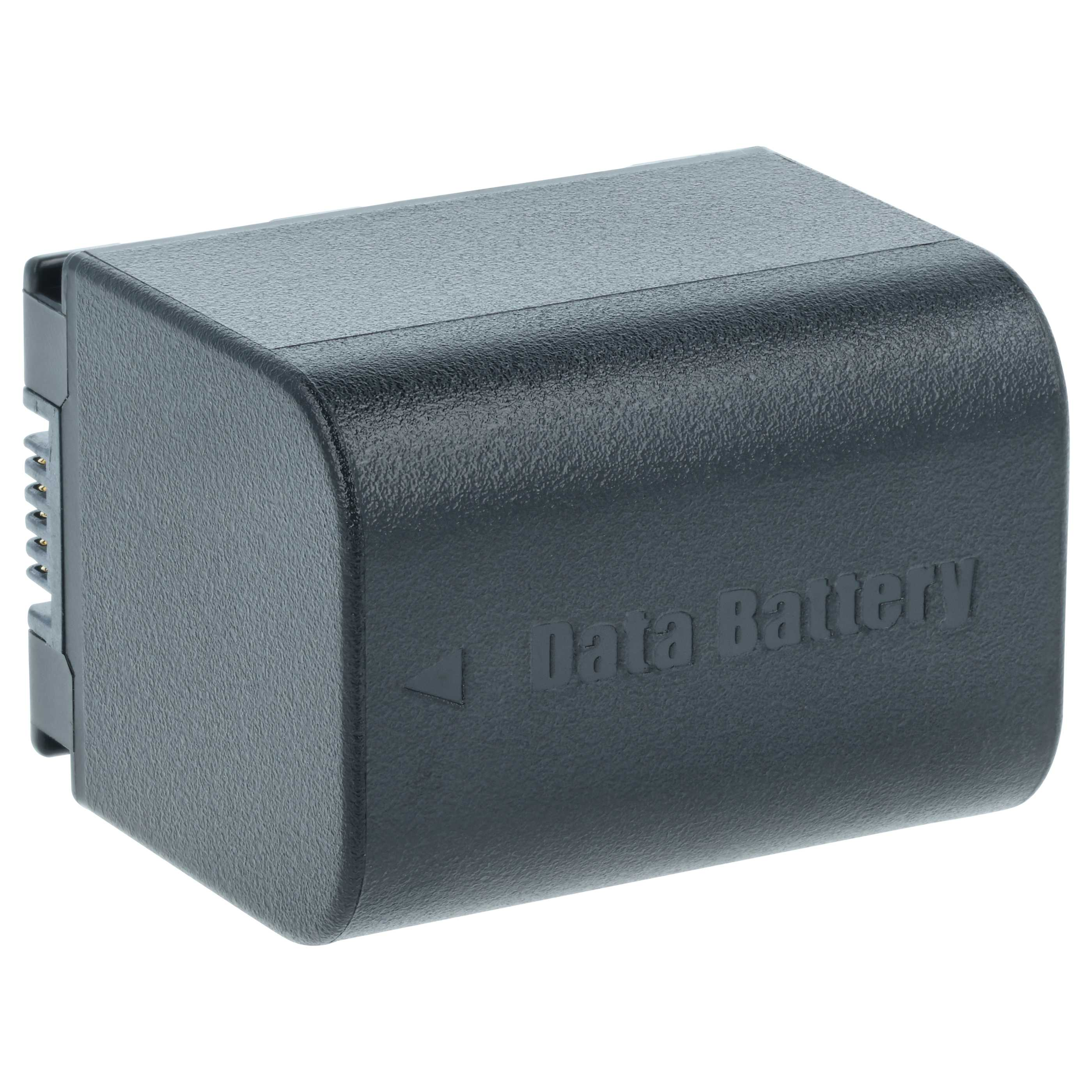 Ein dunkelgrauer rechteckiger Akku mit der Aufschrift 'Data Battery'. Er hat einen Anschluss.