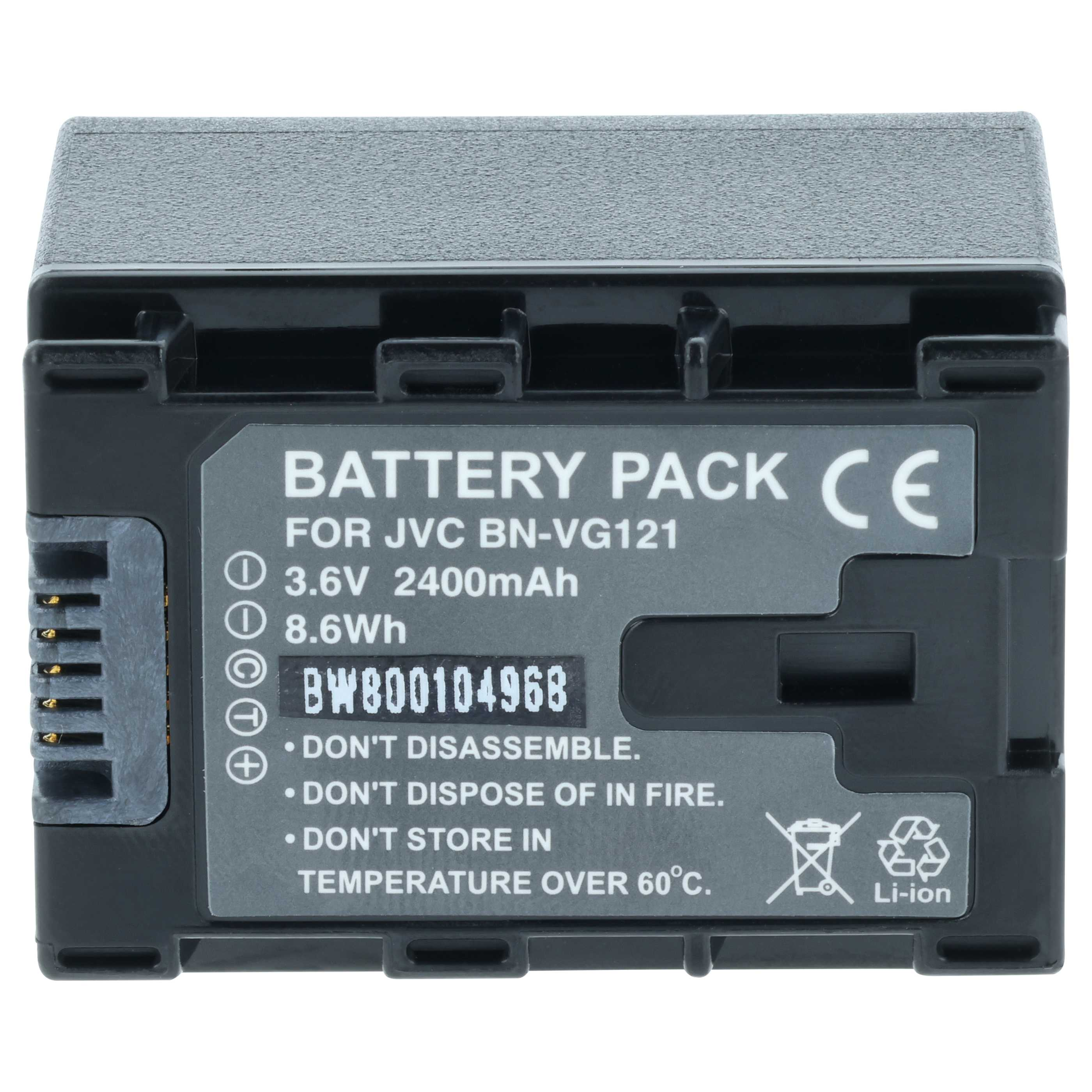 Ein schwarzes Akkupack mit der Aufschrift 'BATTERY PACK', 'JVC BN-VG121', mit Warnhinweisen und technischen Daten.