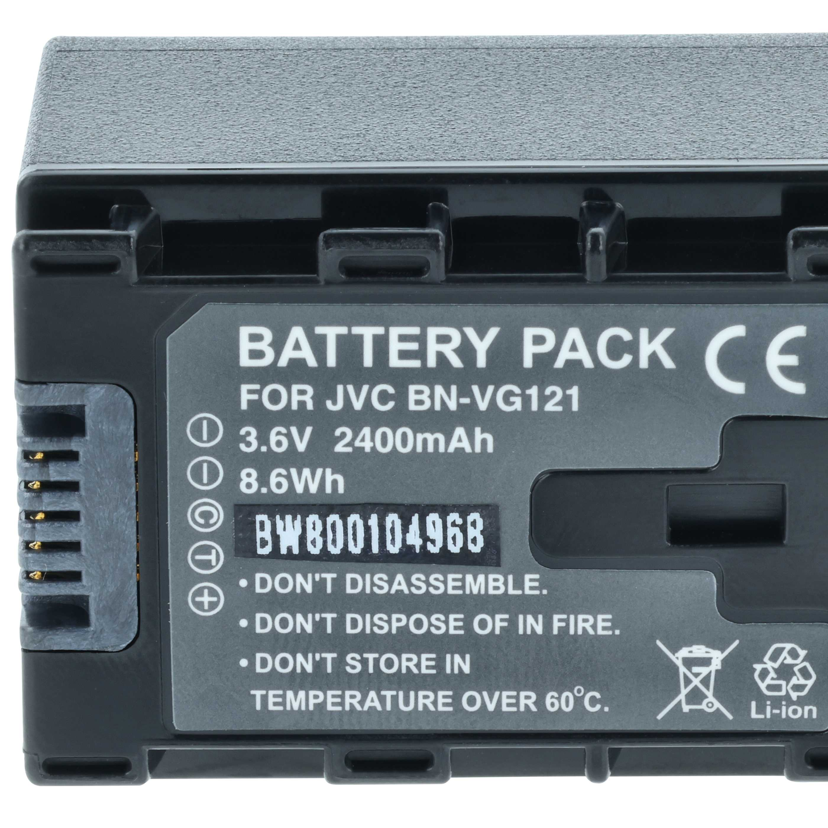 Nahaufnahme eines schwarzen Akkus mit Text wie "BATTERY PACK" und Warnhinweisen.