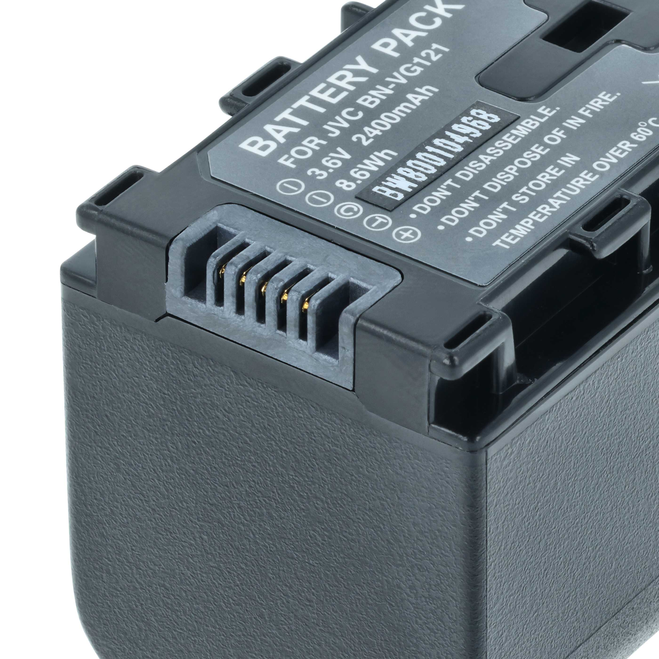 Nahaufnahme eines schwarzen JVC-Akkupacks. Es hat Text und einen Stecker mit Goldstiften.