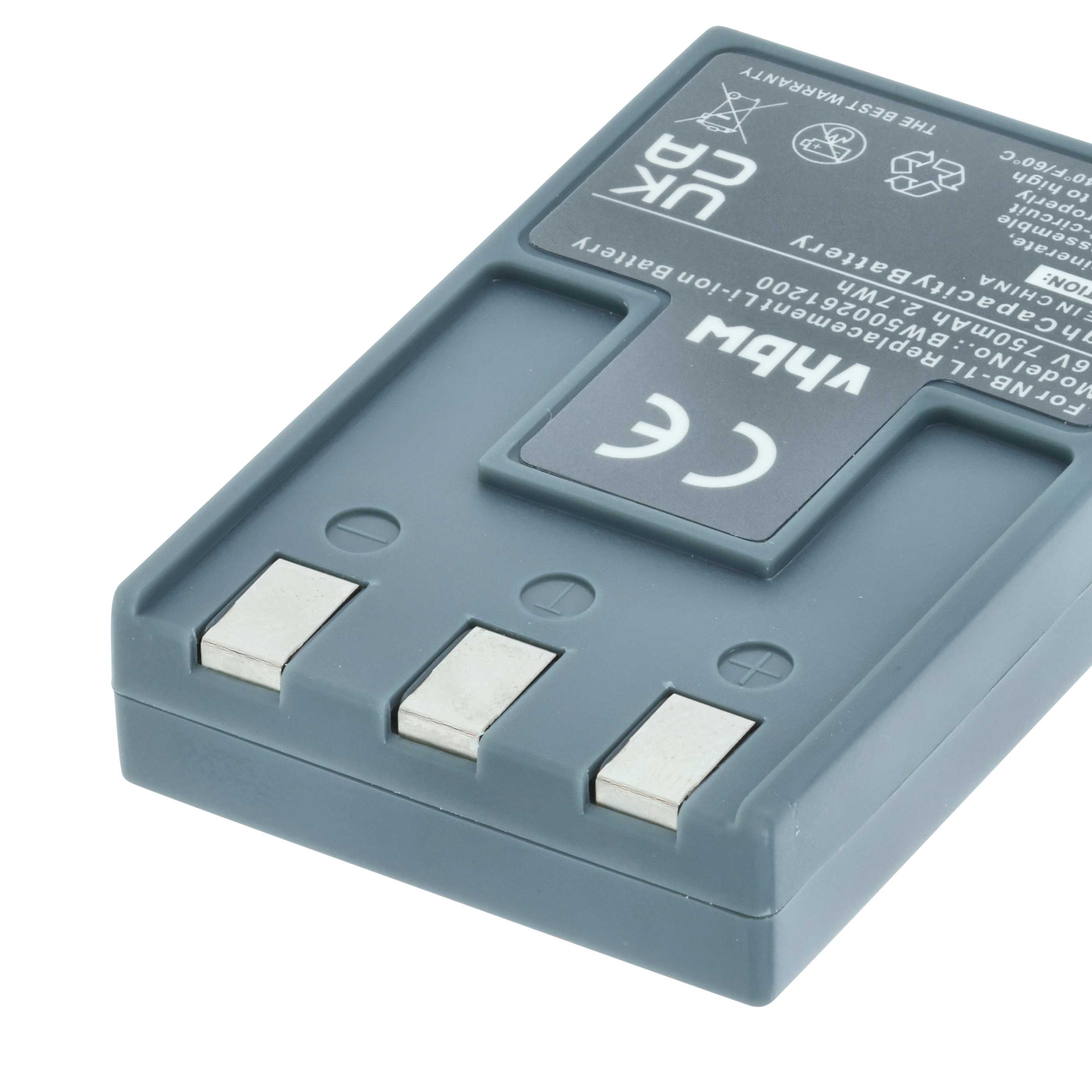 Ein graues Akkupack mit silbernen Kontakten, einem CE-Zeichen und weißem Text. Die Batterie hat eine UK- und CA-Kennzeichnung.