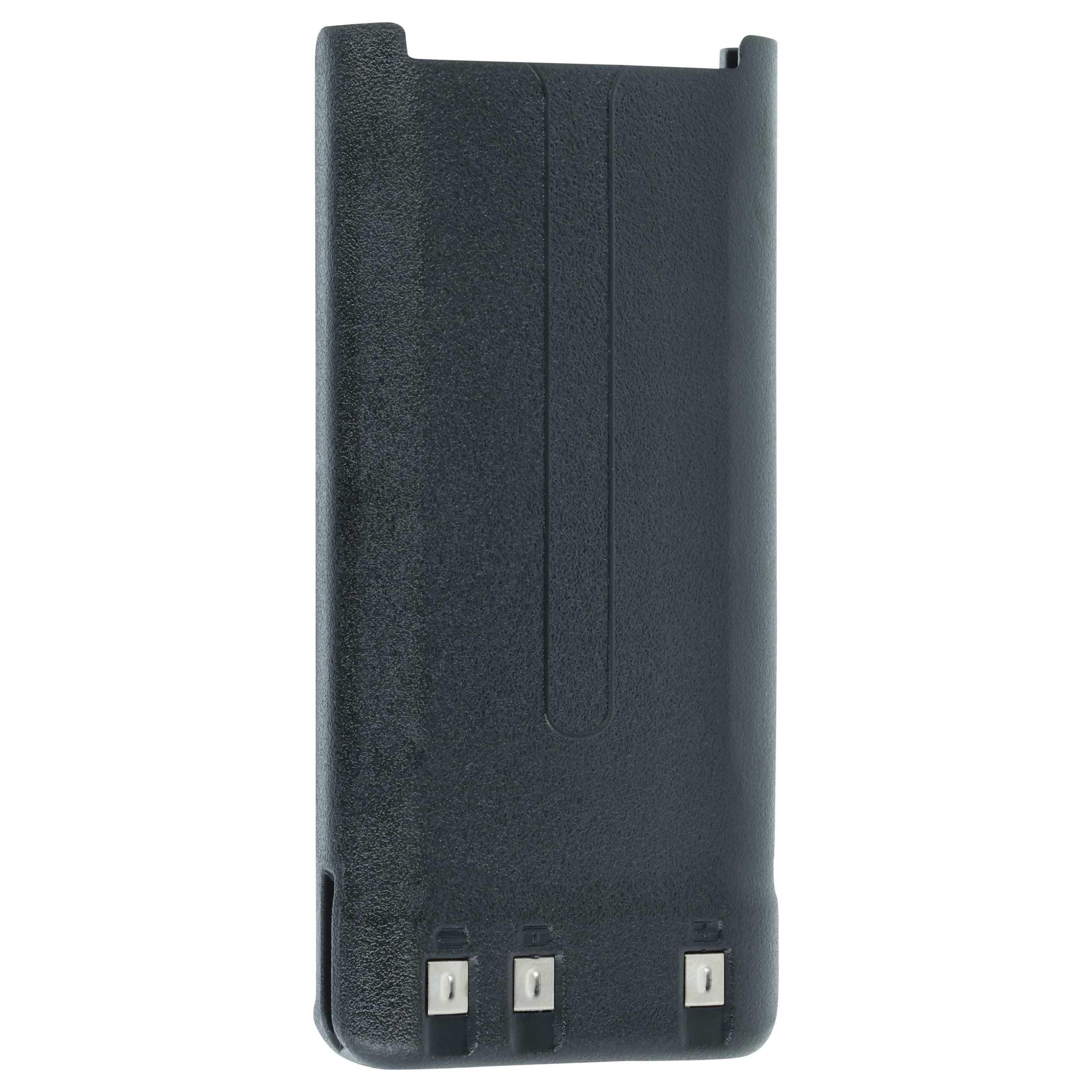 Ein dunkelgrauer Akku für ein Handfunkgerät, rechteckig mit drei silbernen Kontakten unten.