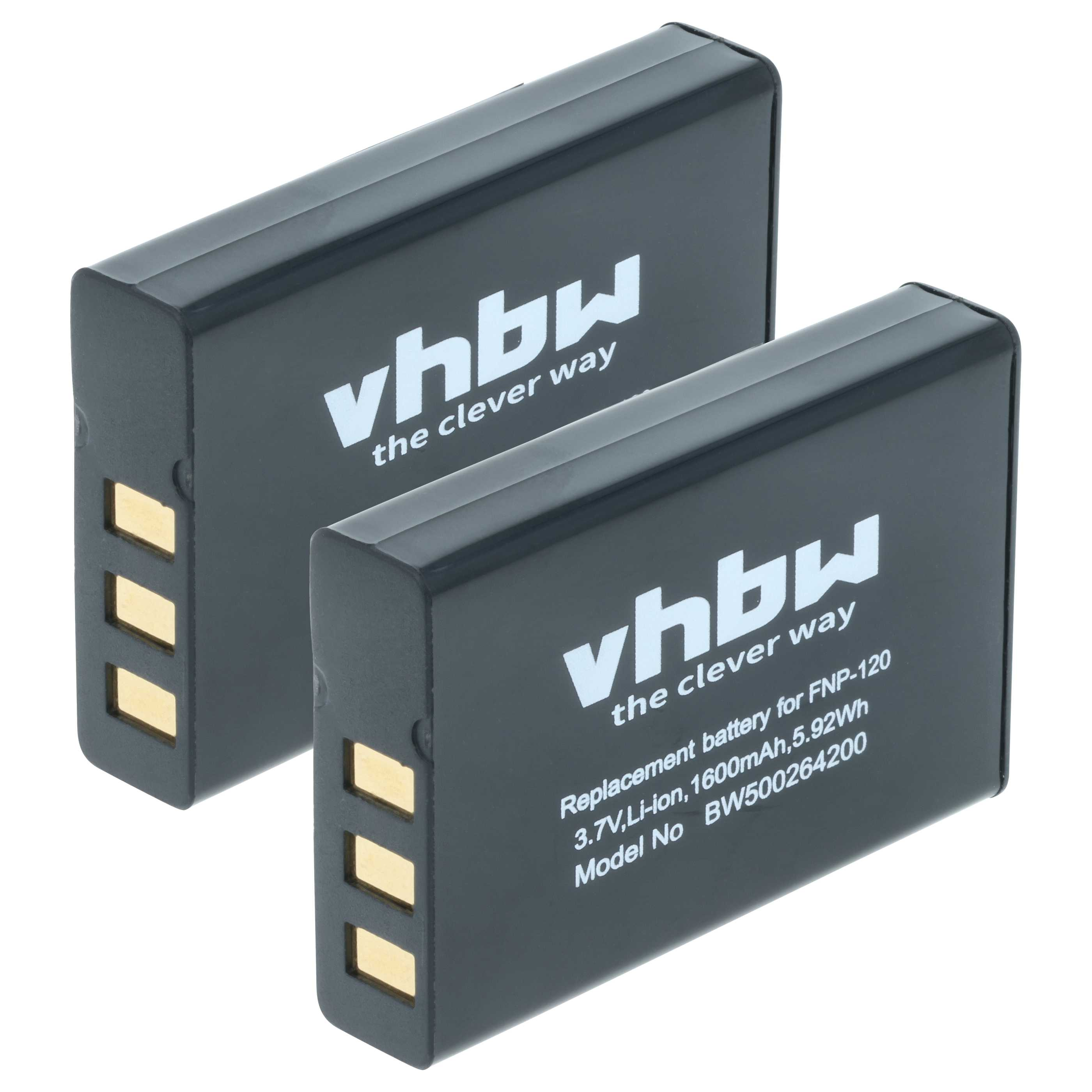 Zwei schwarze rechteckige Batterien mit goldenen Kontakten. Die Batterien tragen das Logo 'vhbw the clever way'.