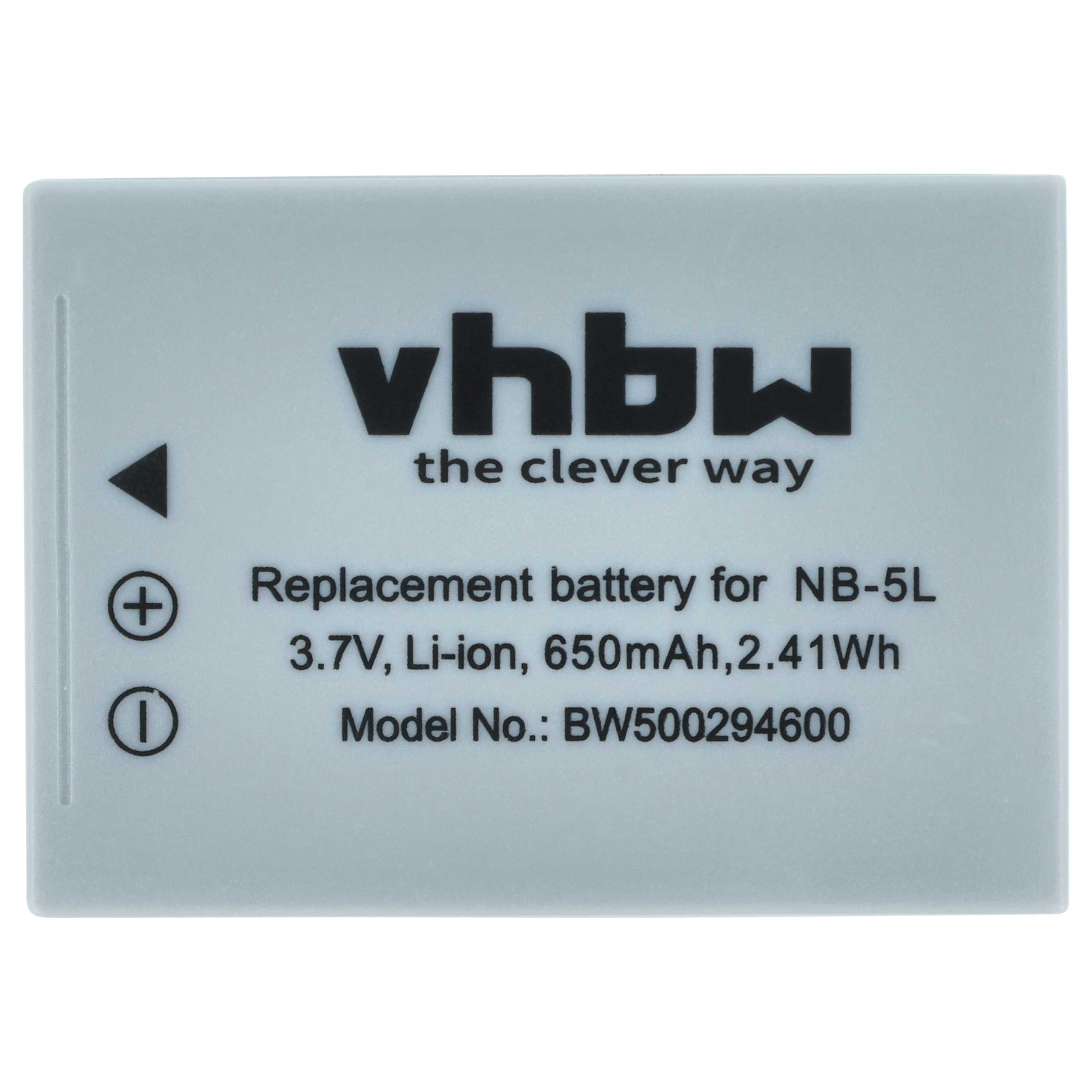 Ein grauer Akku mit schwarzem Text, der 'vhbw the clever way' und Spezifikationen liest: 3,7 V, Li-Ion, 650 mAh.