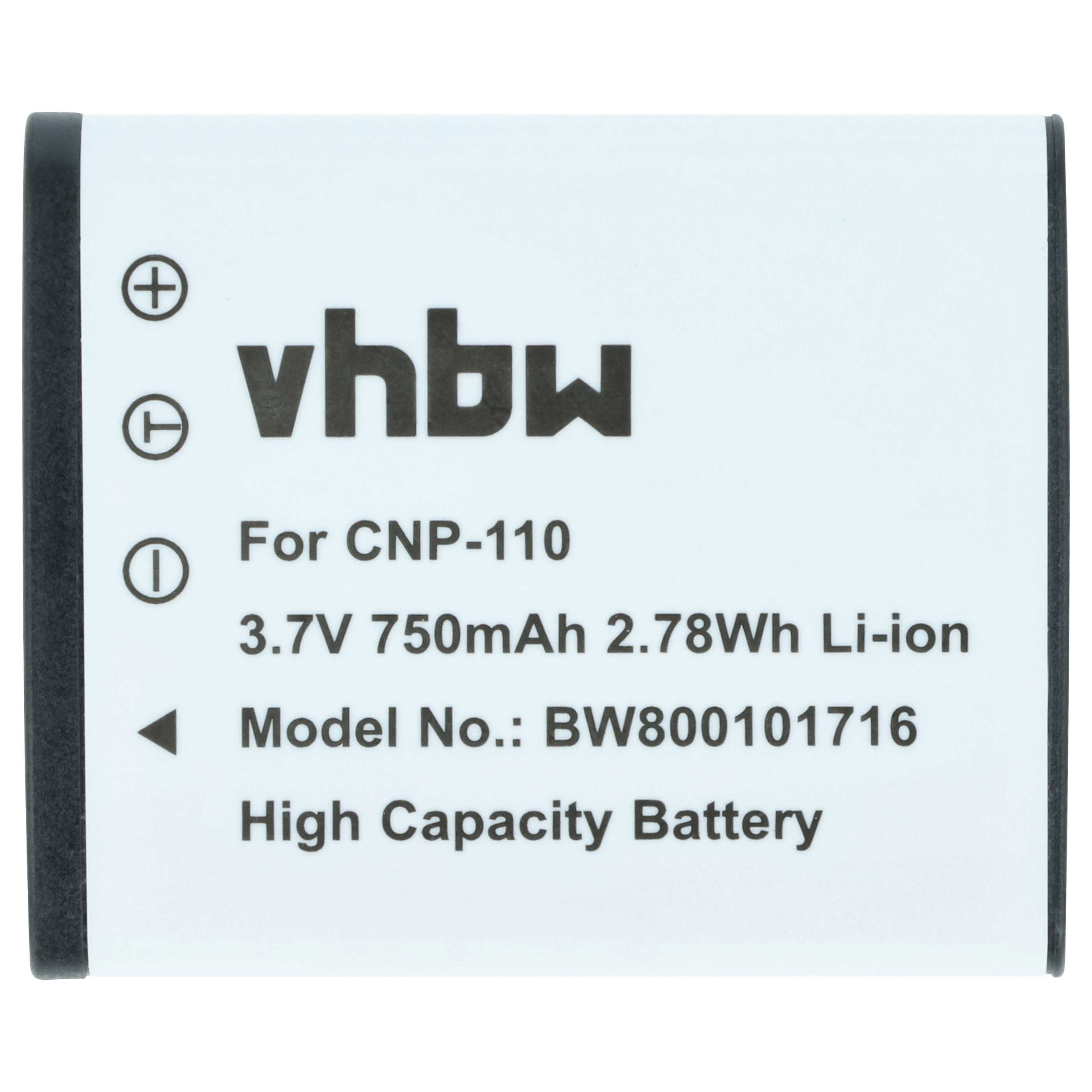 Ein weißer Akku mit schwarzen Rändern zeigt Text: vhbw, For CNP-110, 3.7V 750mAh, Modell-Nr.: BW800101716, High Capacity Battery.