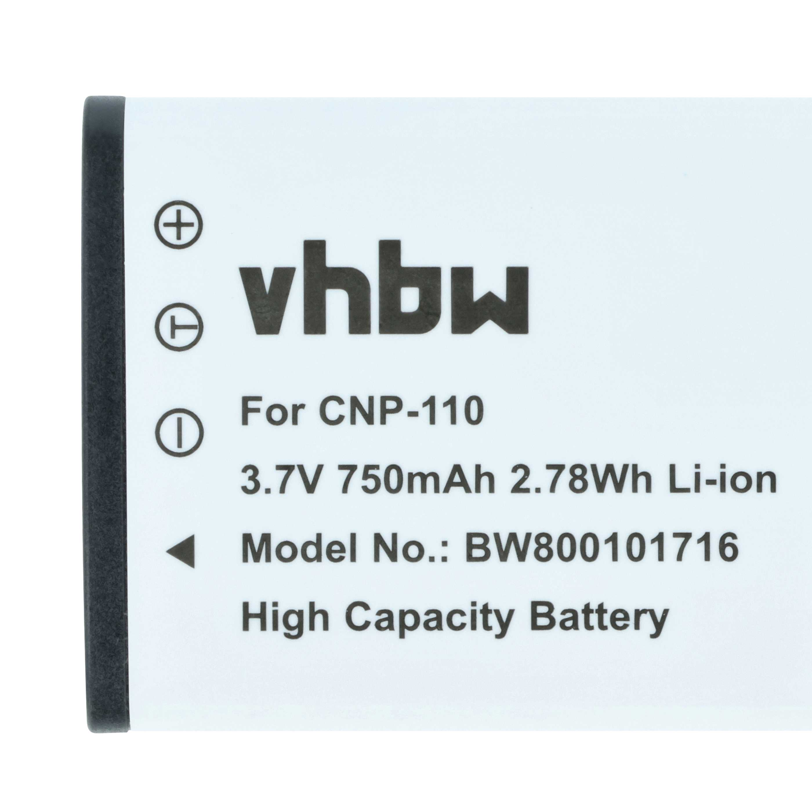Ein weißer Akku mit schwarzen Rändern. Der Text enthält 'vhbw', '3,7V', '750mAh' und 'High Capacity Battery'.