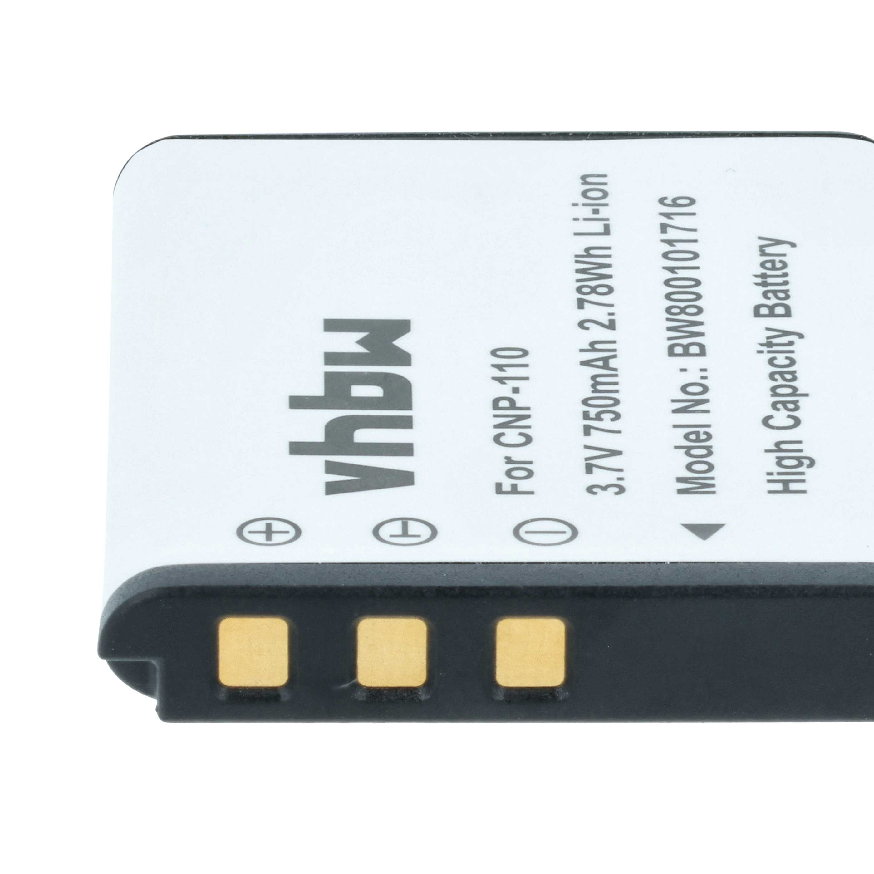 Ein weißer Akku mit schwarzer Basis. Text enthält 'vhbw', 'CNP-110', '750mAh' und 'High Capacity Battery'.