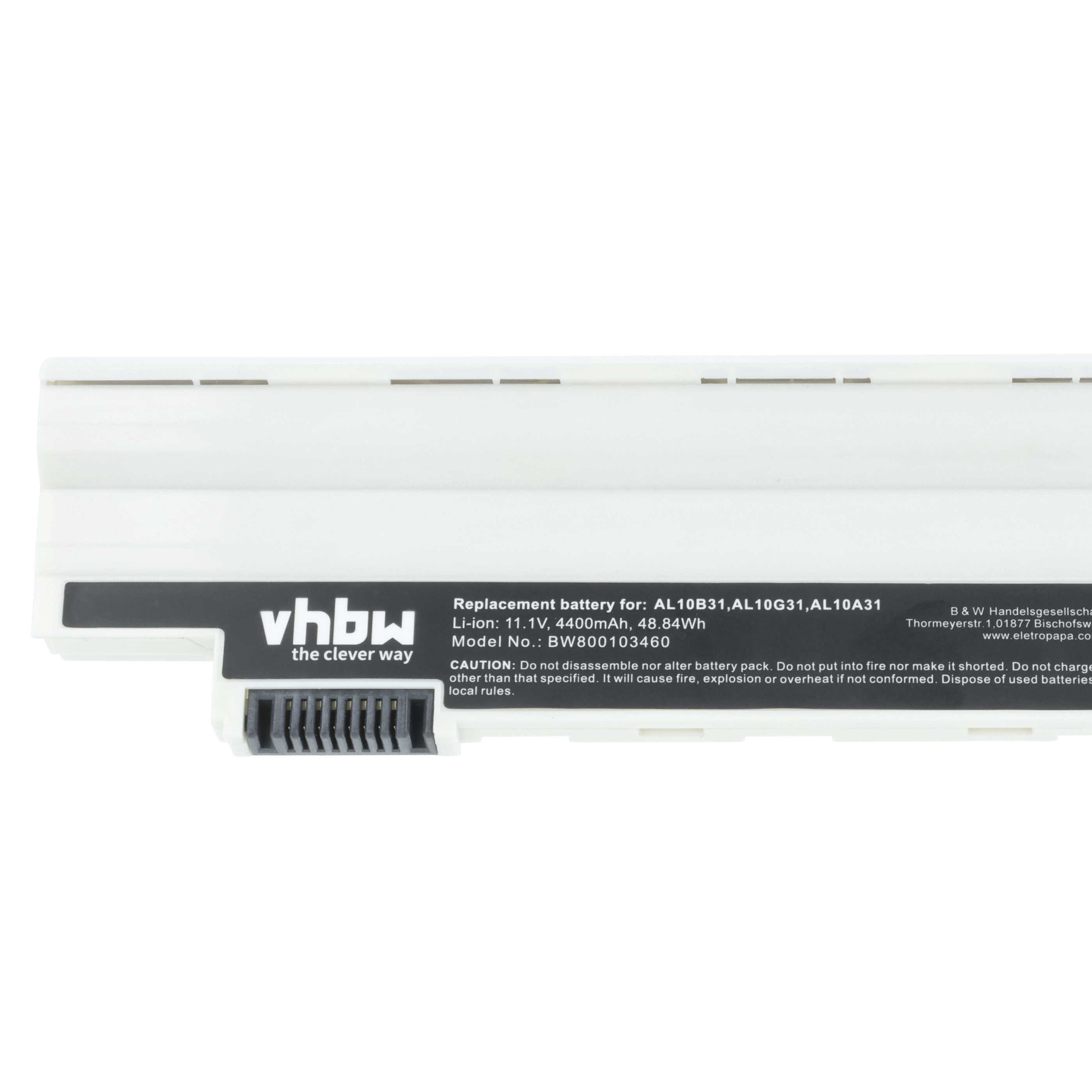 Ein weiß-schwarzes Akkupack mit Text. Die Marke ist vhbw. Text enthält Batteriespezifikationen und Warnhinweise.