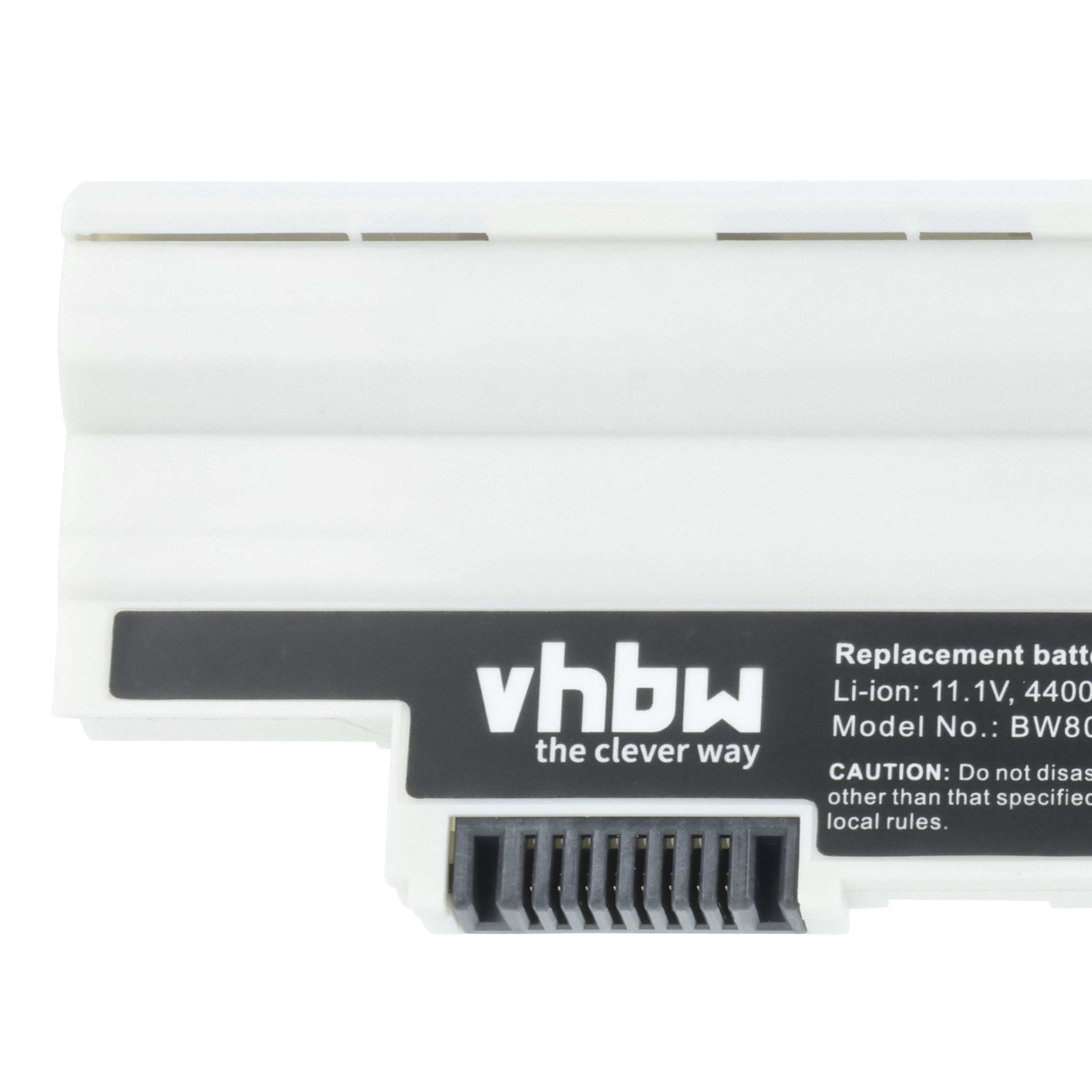 Ein weiß-schwarzes Akkupack mit dem Markennamen 'vhbw' und Produktinformationen darauf gedruckt.