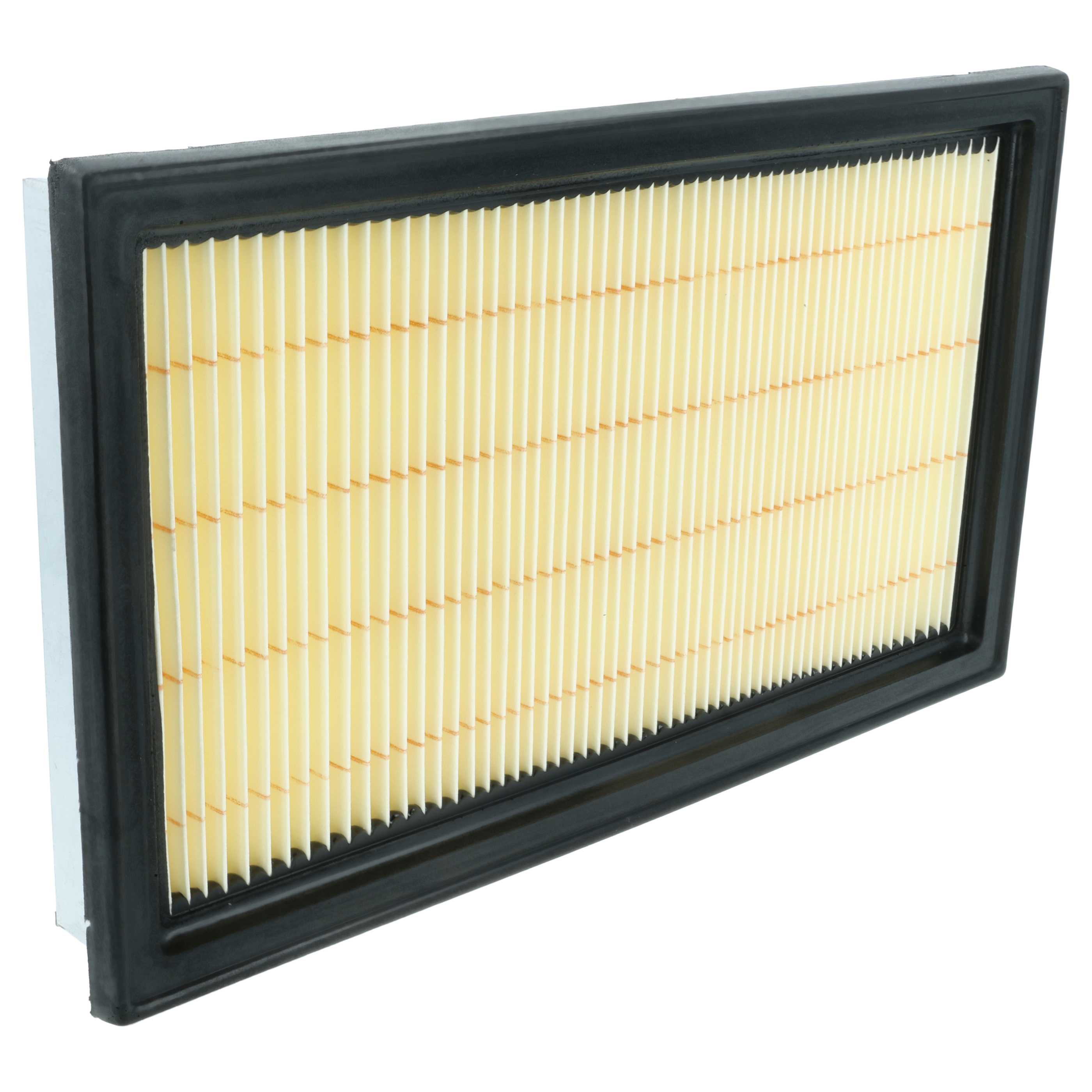Ein Luftfilter mit schwarzem Rahmen und einem beigen, gefalteten Filter im Inneren. Weißer Hintergrund.