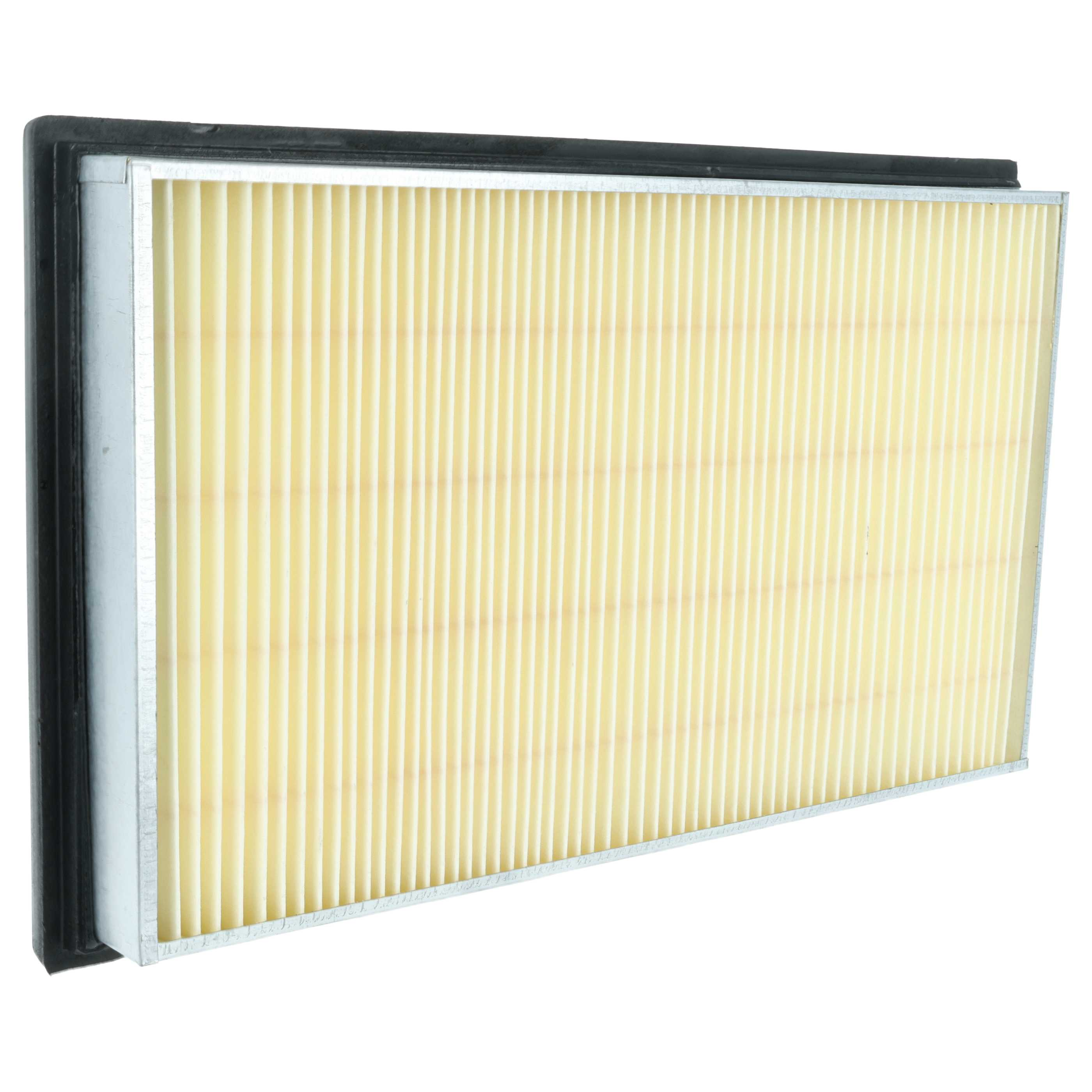 Ein Luftfilter mit schwarzem Rahmen und hellgelbem Filtermaterial.
