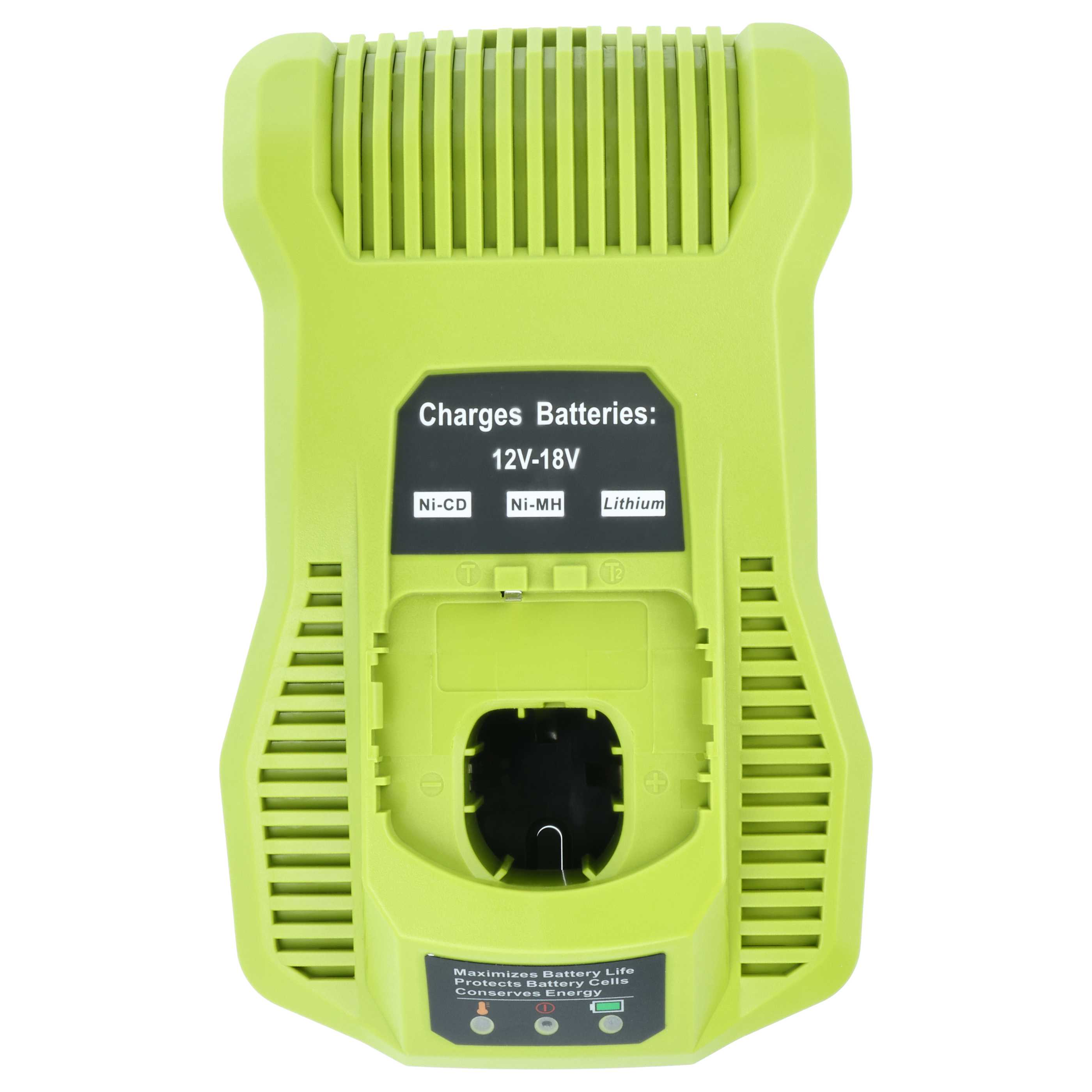 Grünes Batterieladegerät mit Text: Batteries laden 12V-18V. Unterstützt Ni-CD-, Ni-MH- und Lithium-Batterien.