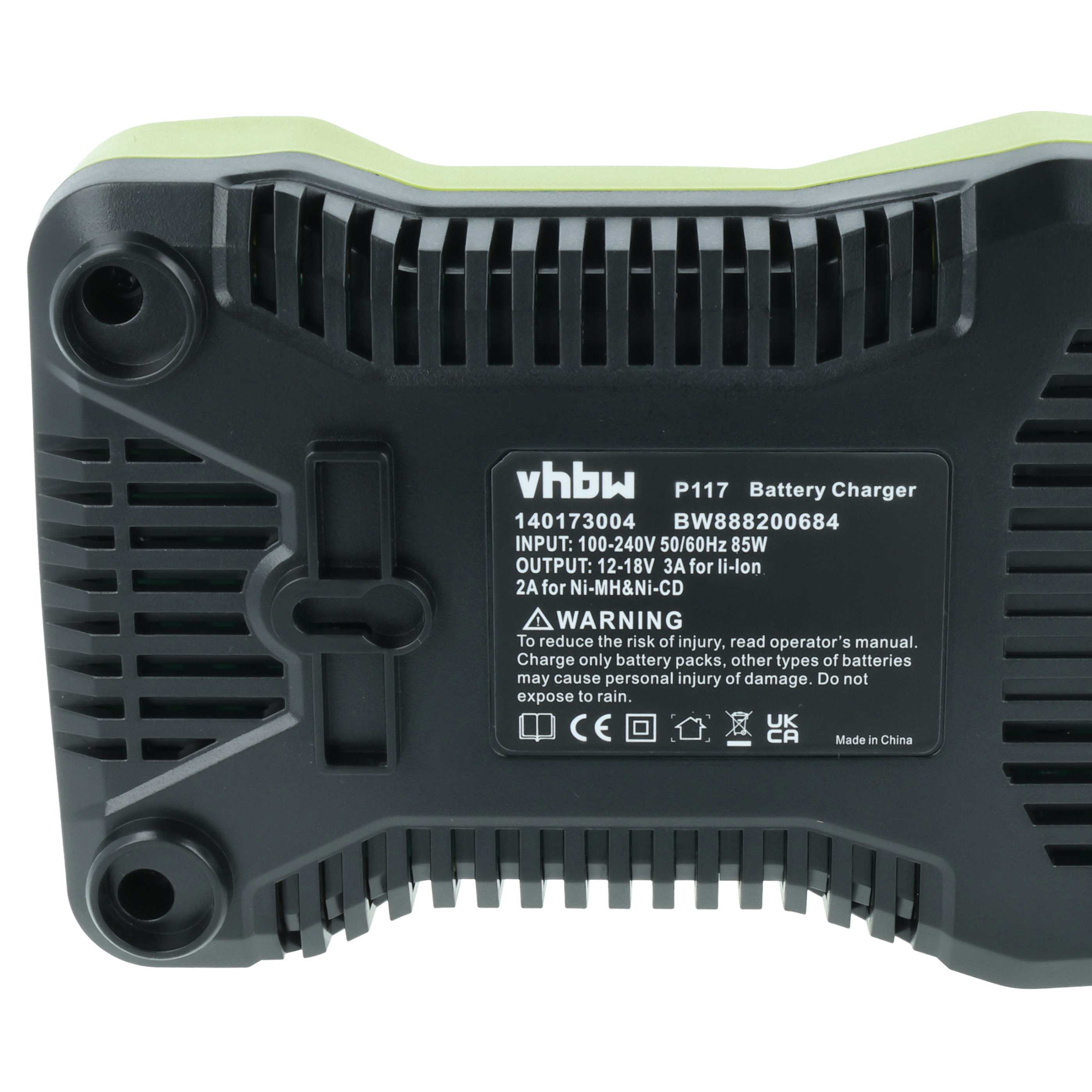 Schwarzes und grünes Batterieladegerät mit Text, Lüftungsschlitzen und einem Warnhinweis. Hergestellt in China.